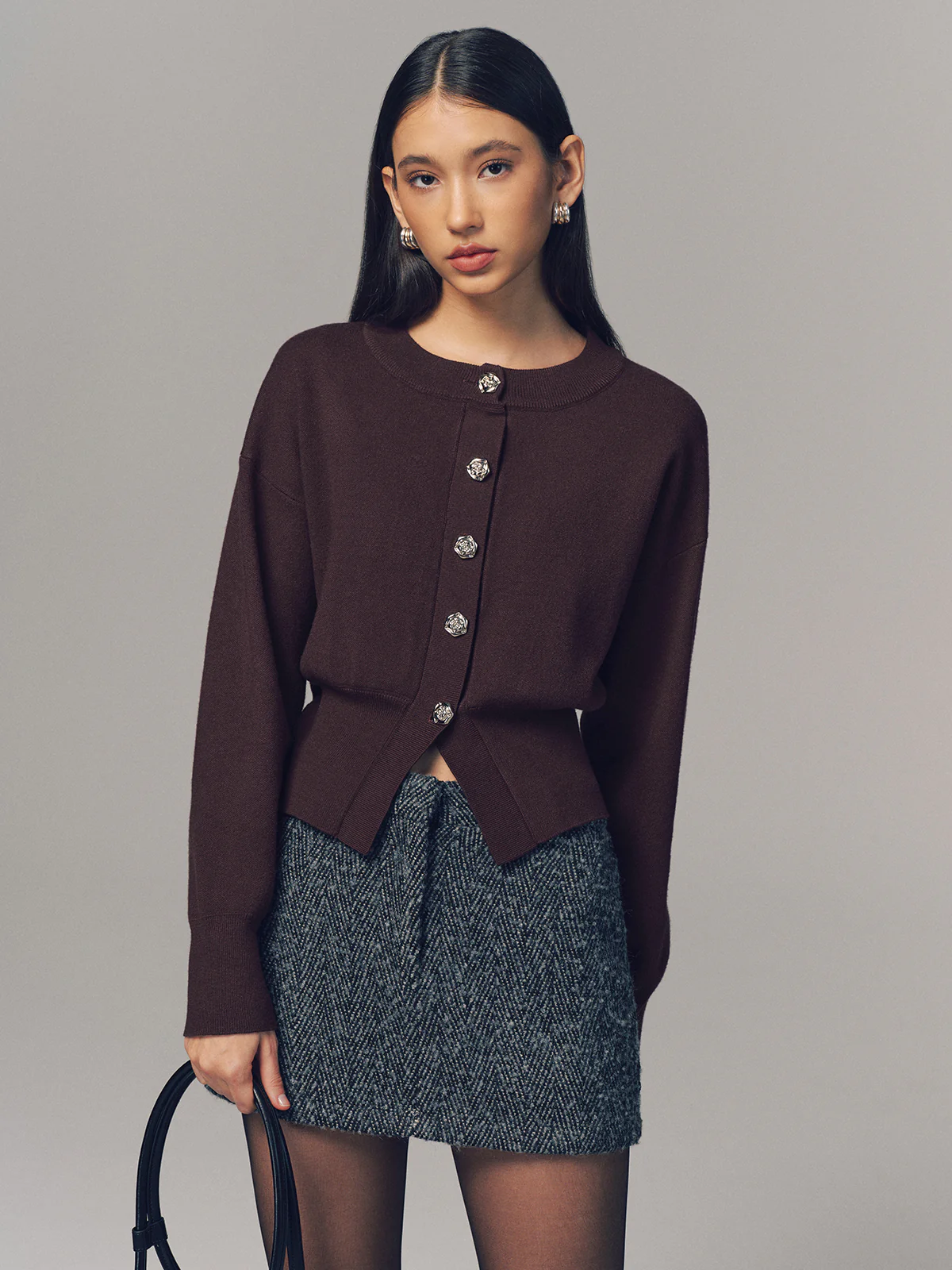 Metal Button Crew Neck Knit Cardigan