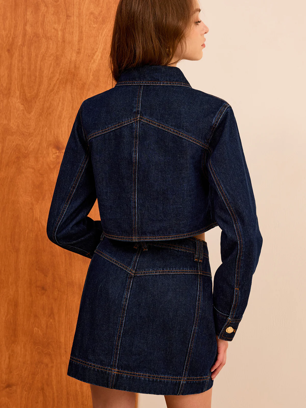 Metal Button Cropped Denim Jacket - Image 8
