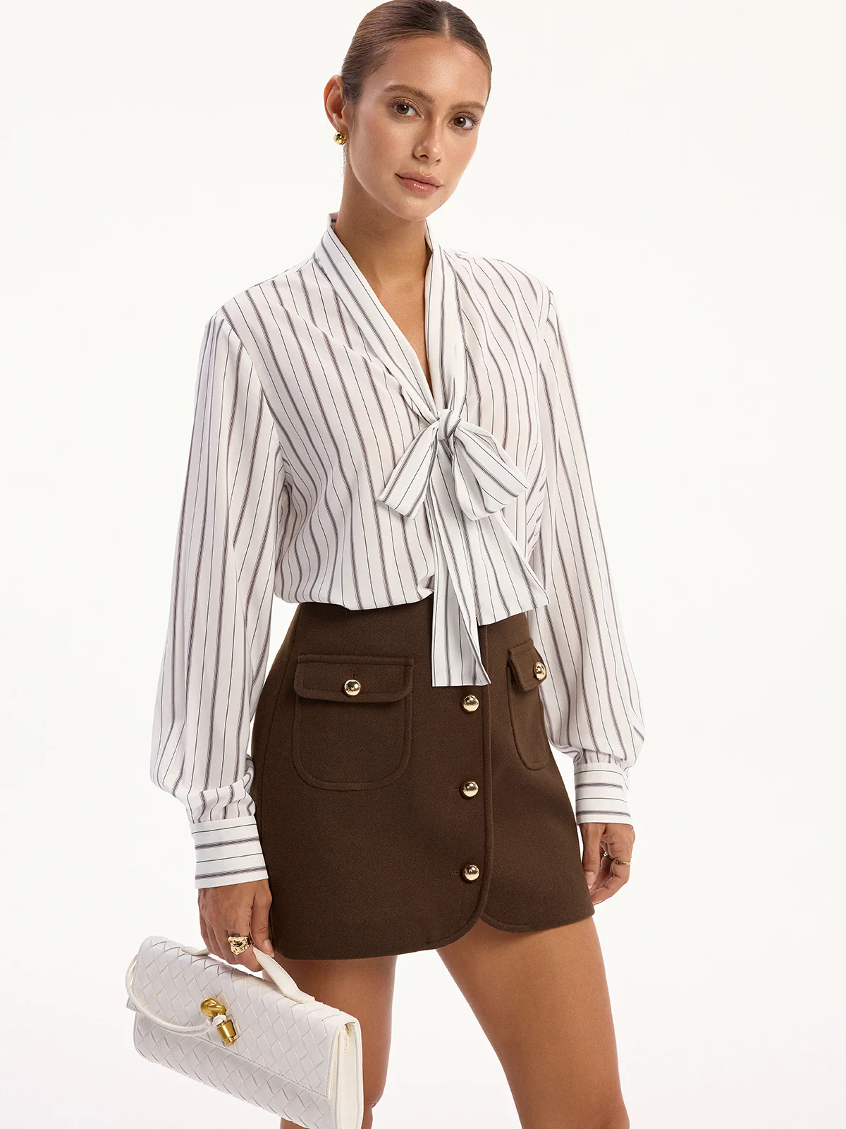 Metal Button Decor Pocket Tweed Mini Skirt - Image 2