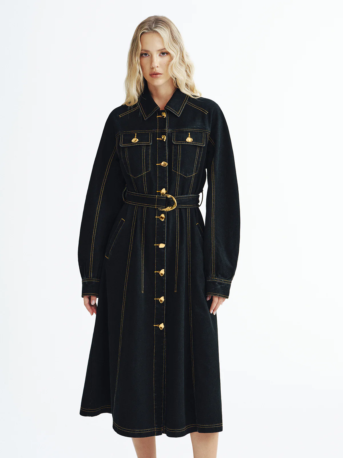 Metal Button Denim Belted Maxi Shirt Dress - Image 5