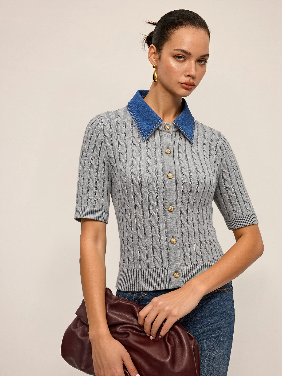 Metal Button Denim Collar Cable-Knit Top - Image 2