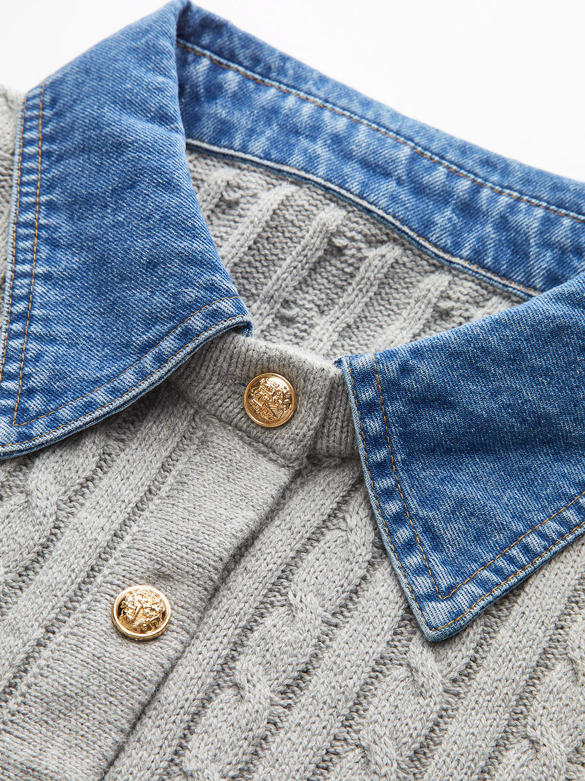Metal Button Denim Collar Cable-Knit Top - Image 3