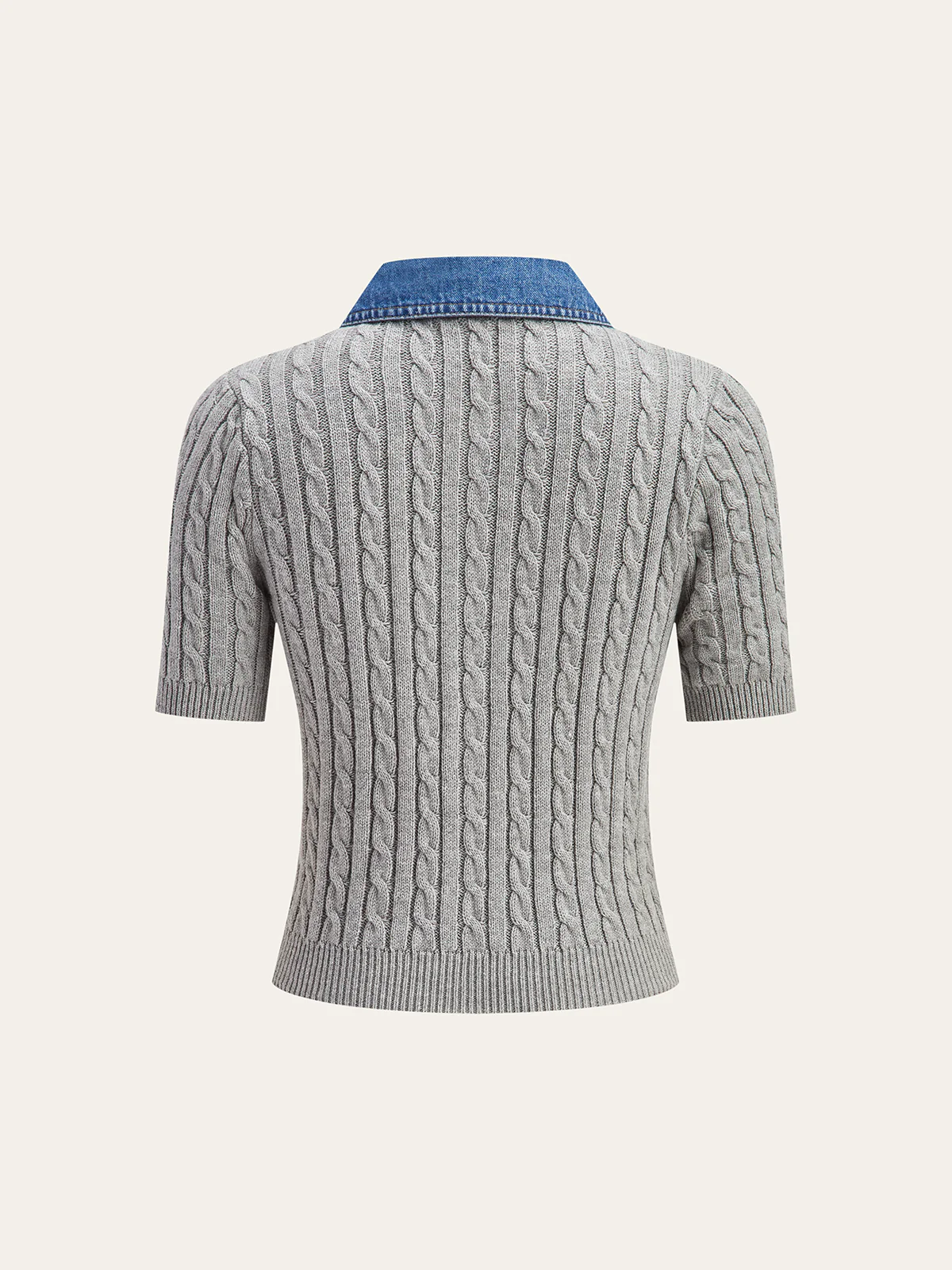 Metal Button Denim Collar Cable-Knit Top - Image 6