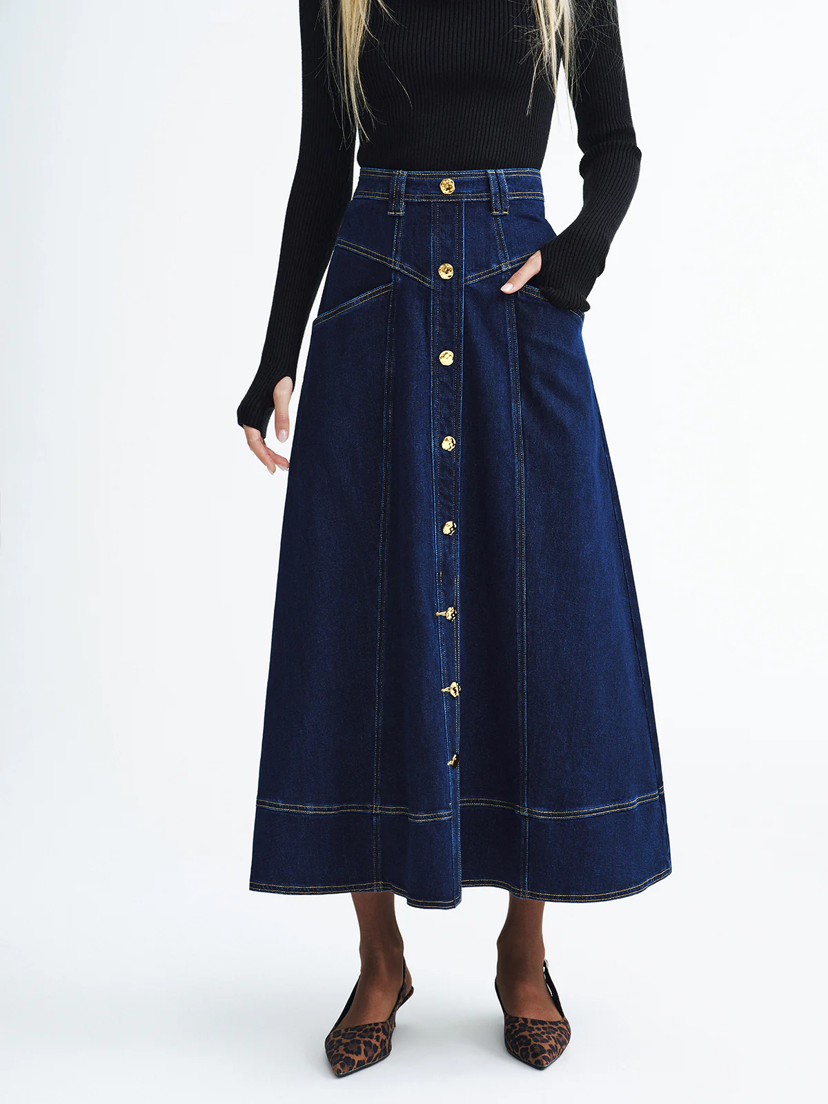 Metal Button Denim Midi Skirt - Image 2