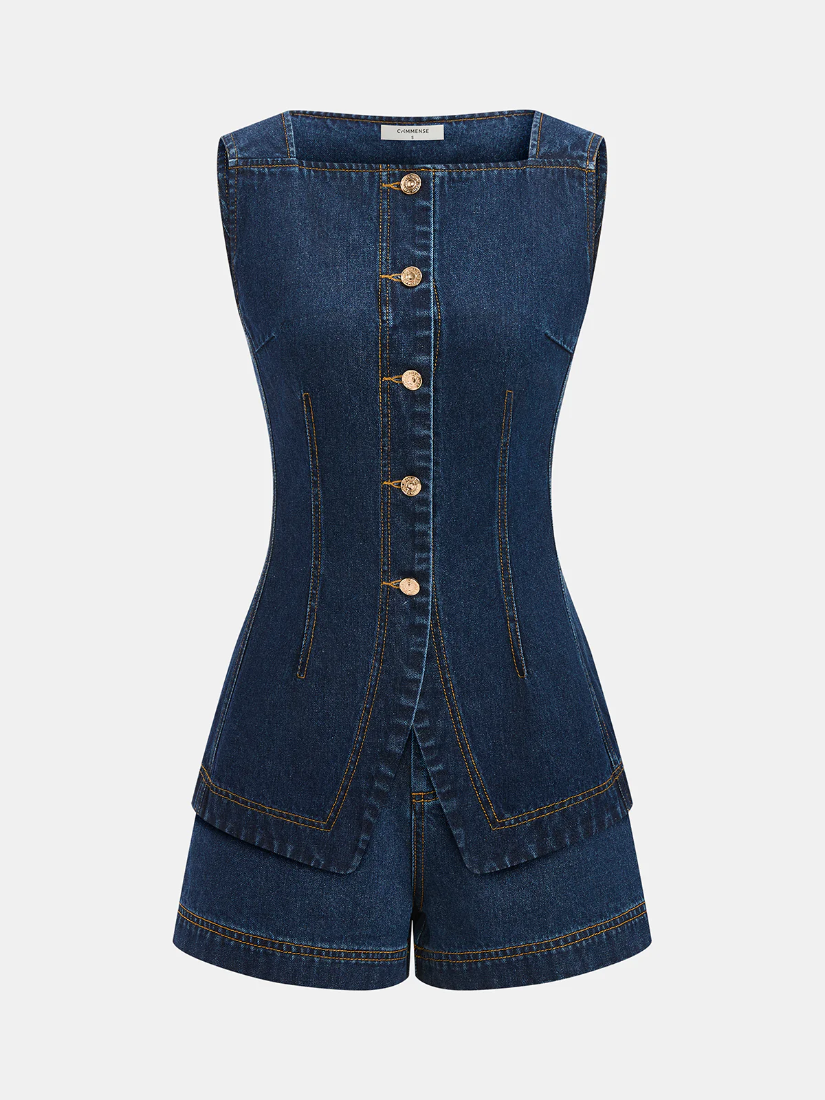 Metal Button Denim Sleeveless Vest & Shorts Set