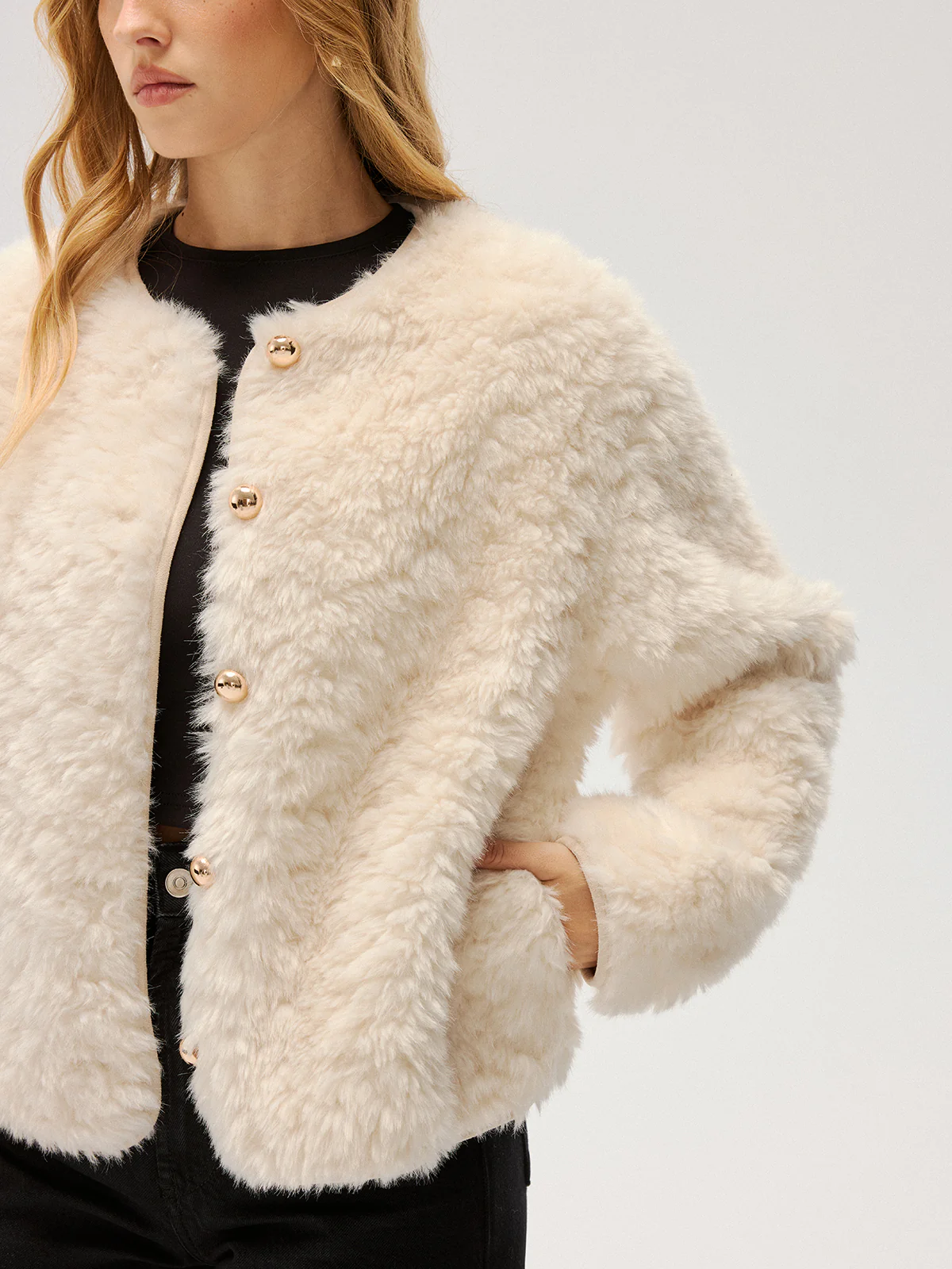 Metal Button Faux Fur Coat - Image 2