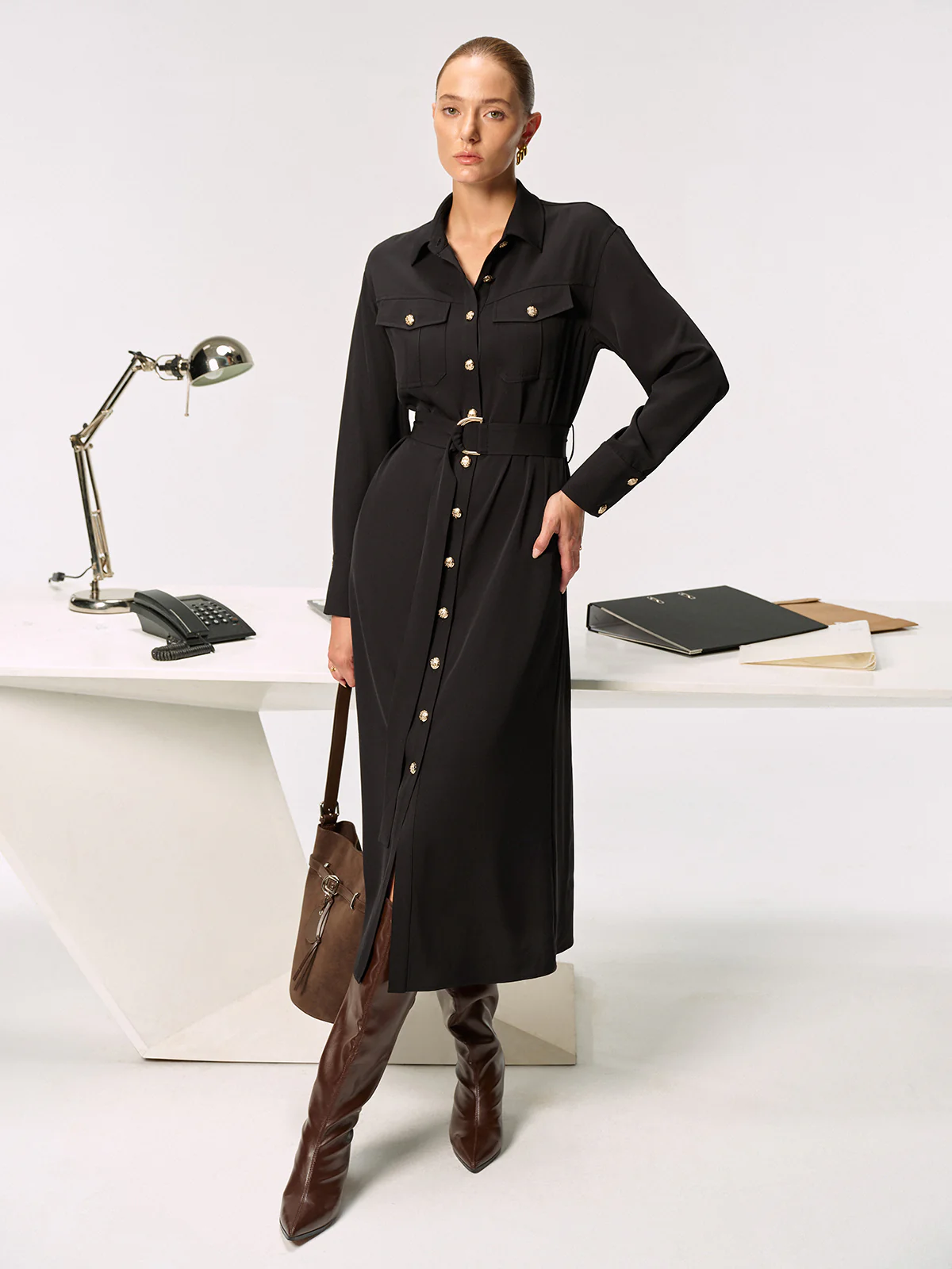 Metal Button-Front Belted Shirt Dress - Image 2