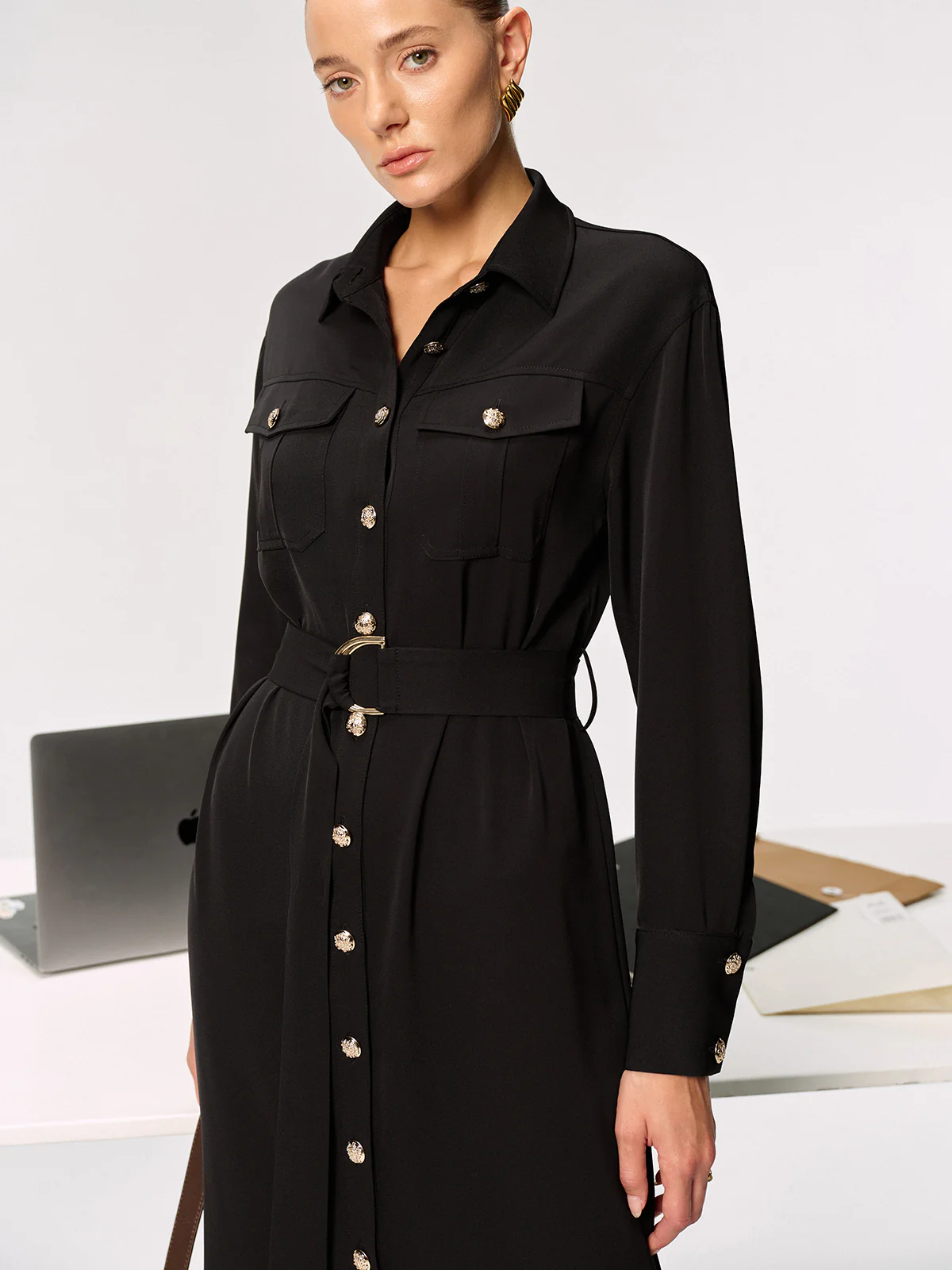 Metal Button-Front Belted Shirt Dress - Image 3