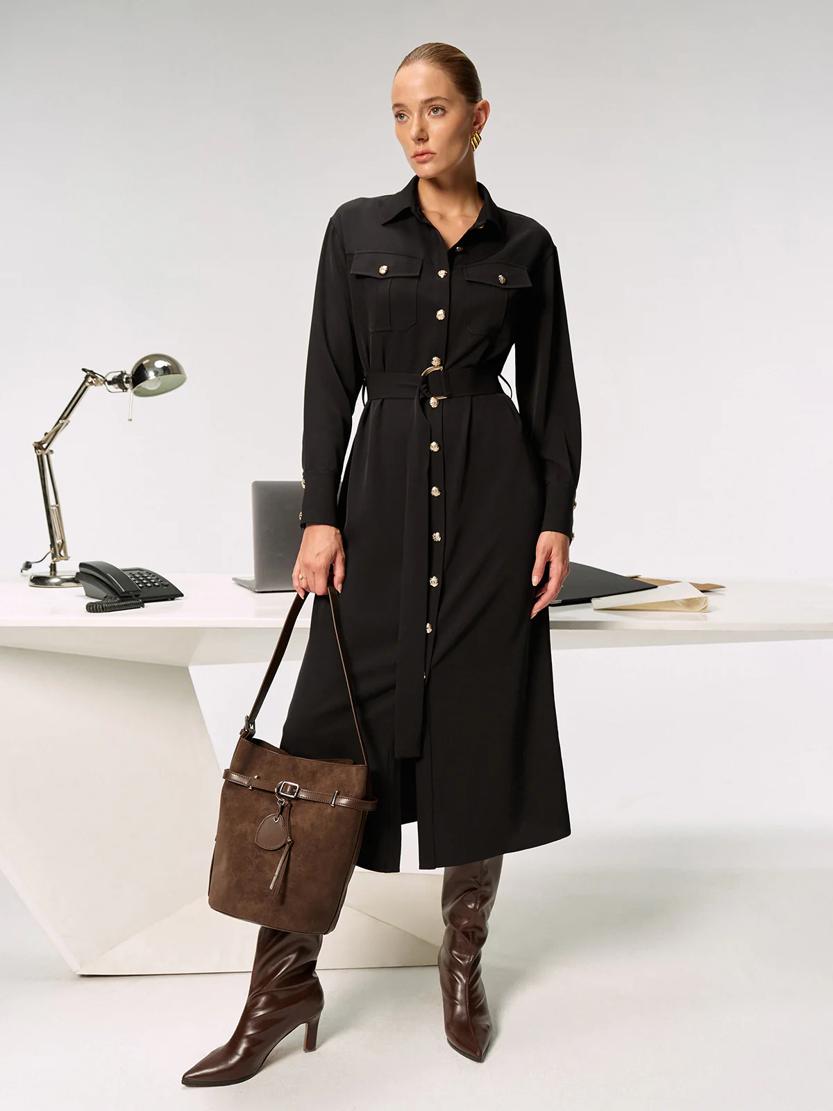 Metal Button-Front Belted Shirt Dress - Image 4