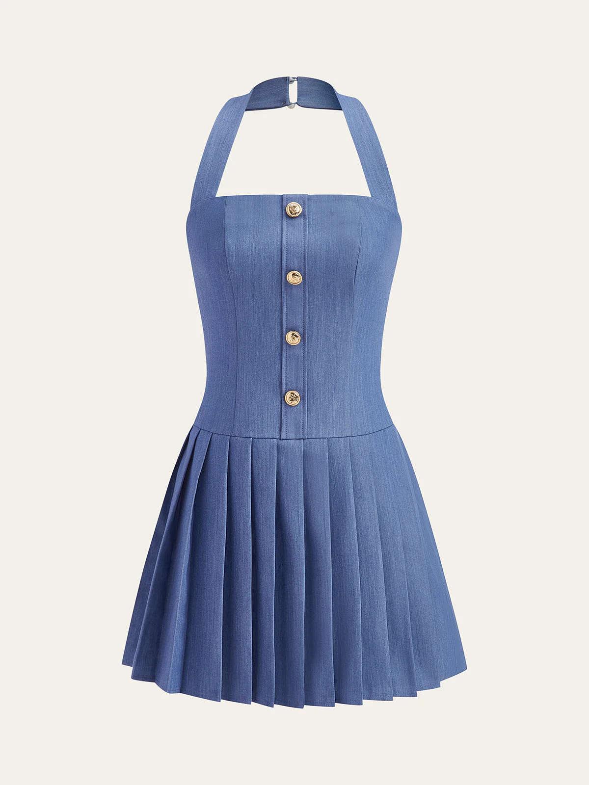Metal Button Halter Neck Pleated Dress - Image 2