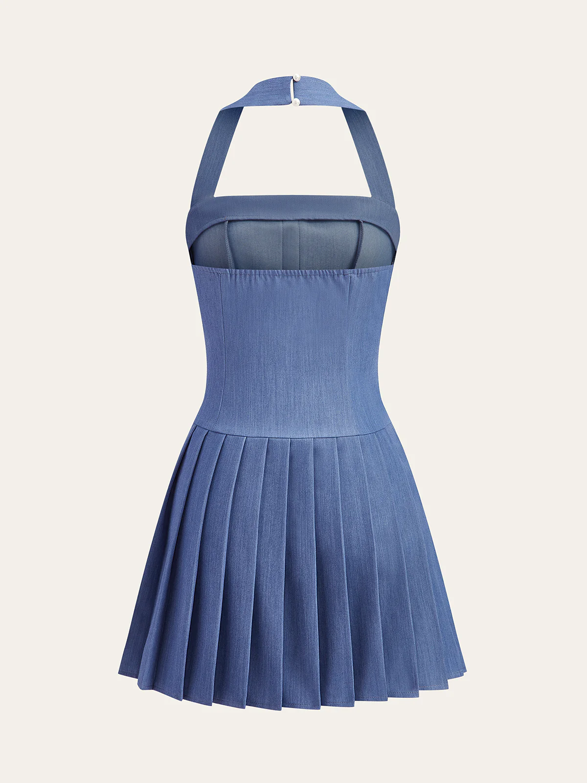 Metal Button Halter Neck Pleated Dress - Image 3