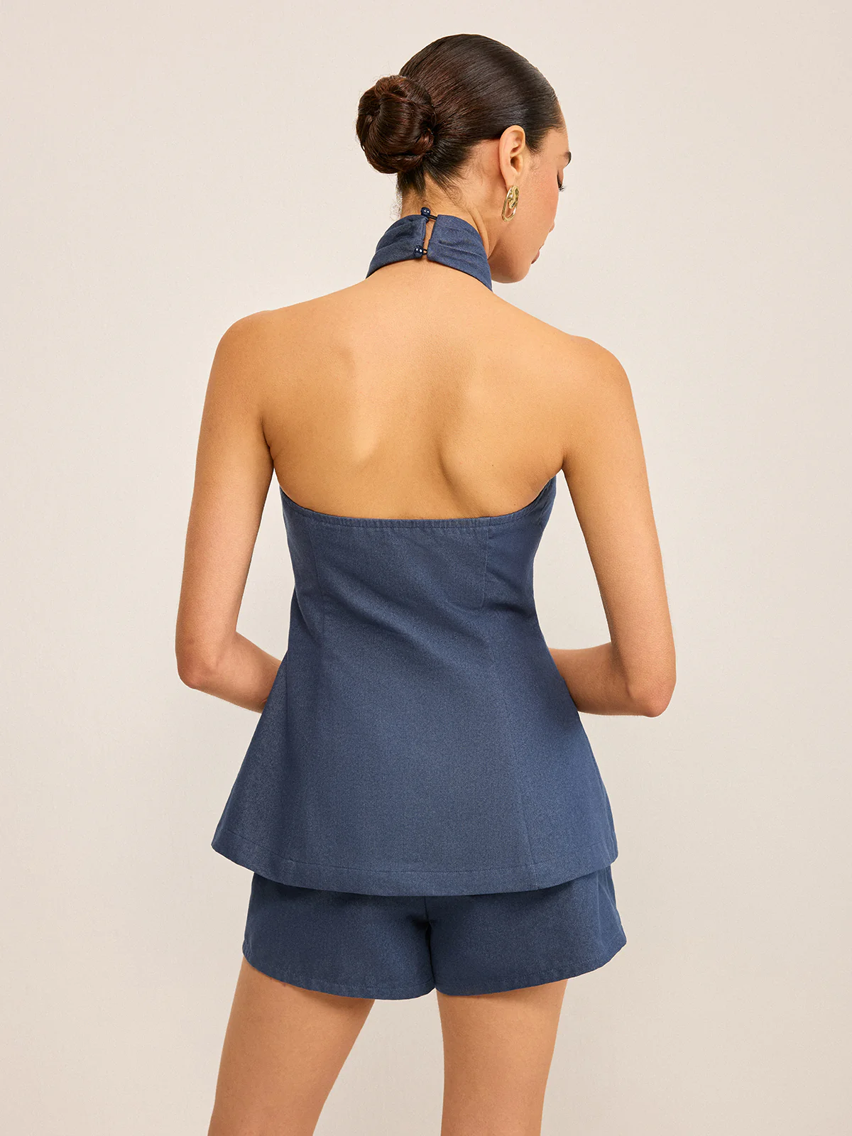 Metal Button Halter Neck Top with Shorts Set - Image 2