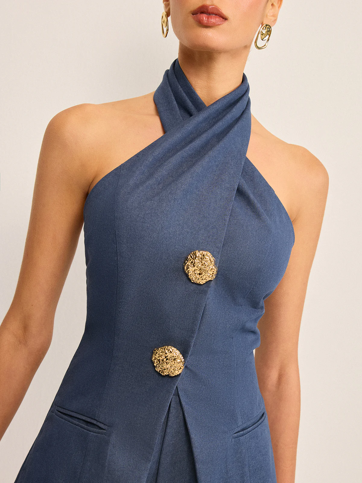 Metal Button Halter Neck Top with Shorts Set - Image 6