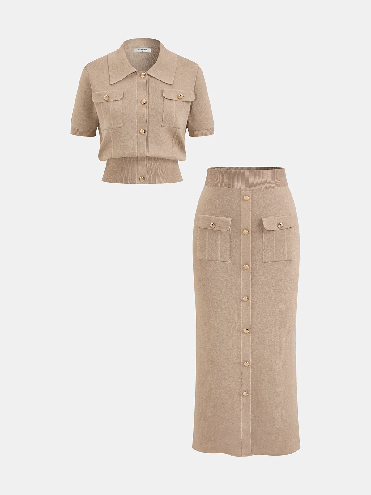 Metal Button Knit Cardigan & Midi Skirt Set