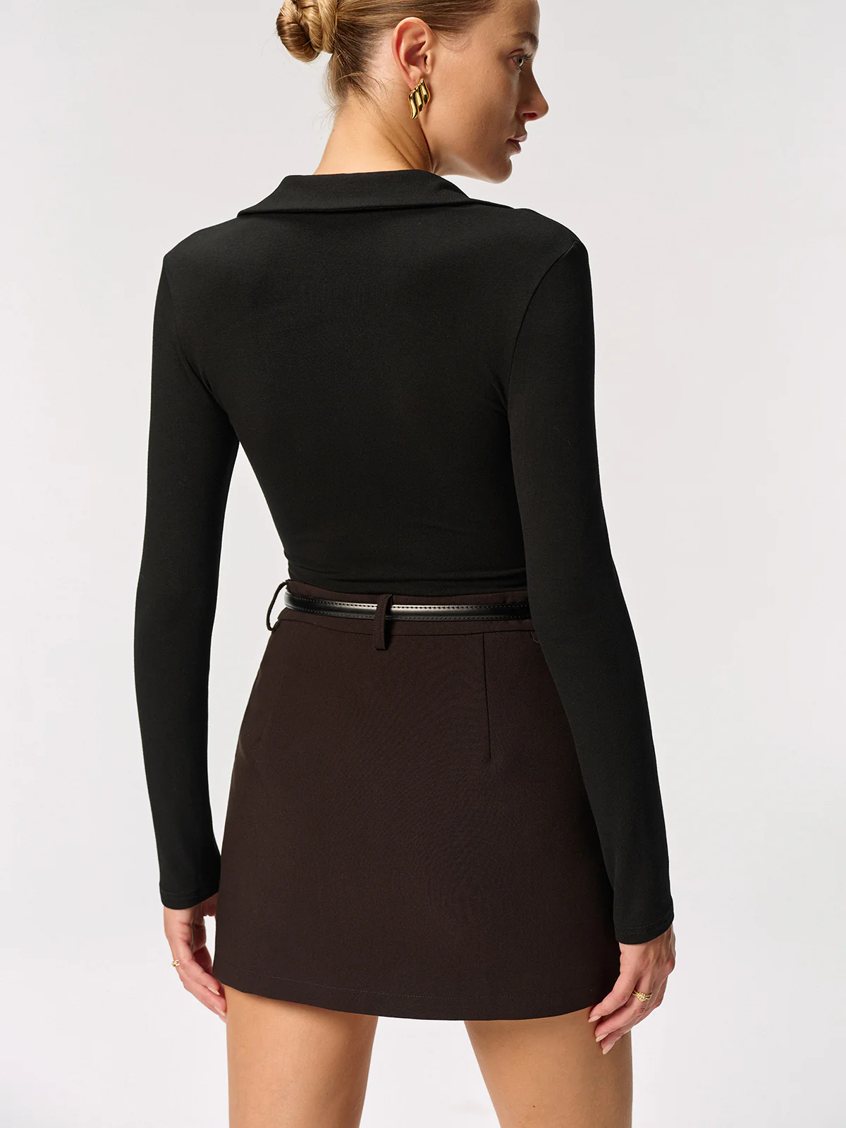 Metal Button Long Sleeve Polo Collar Blouse - Image 7