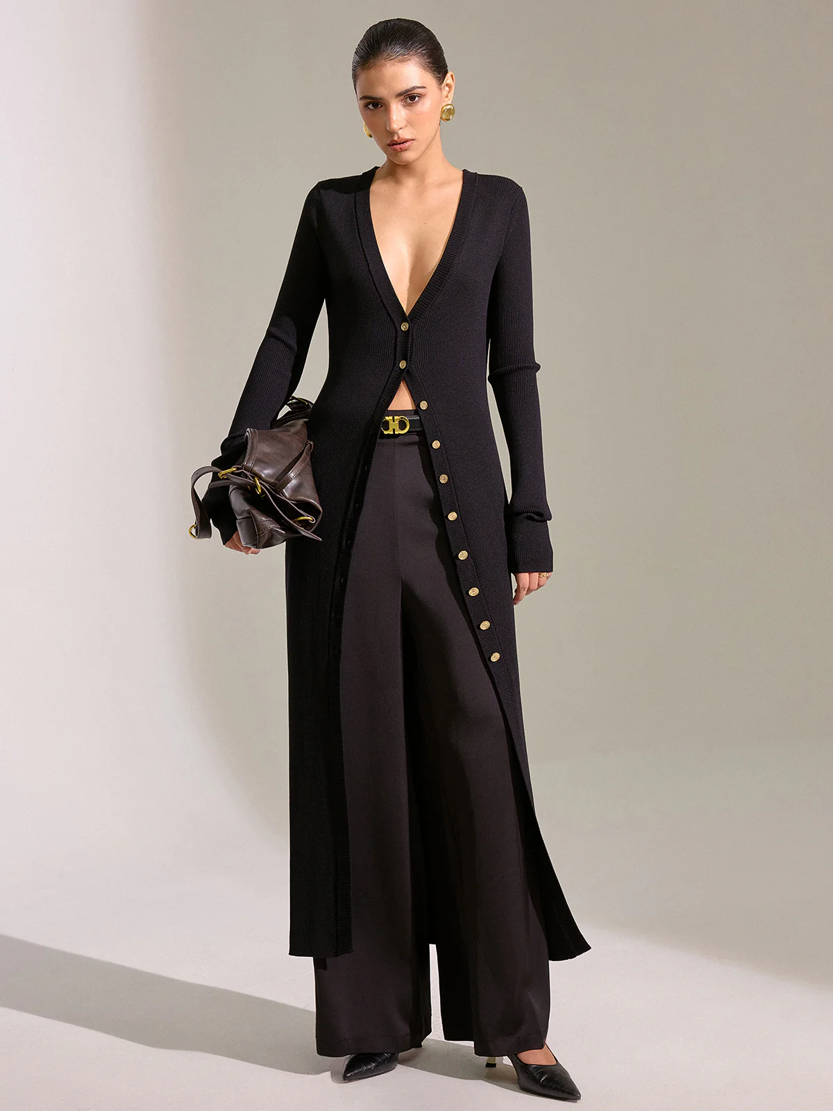 Metal Button Longline Knit Cardigan Dress
