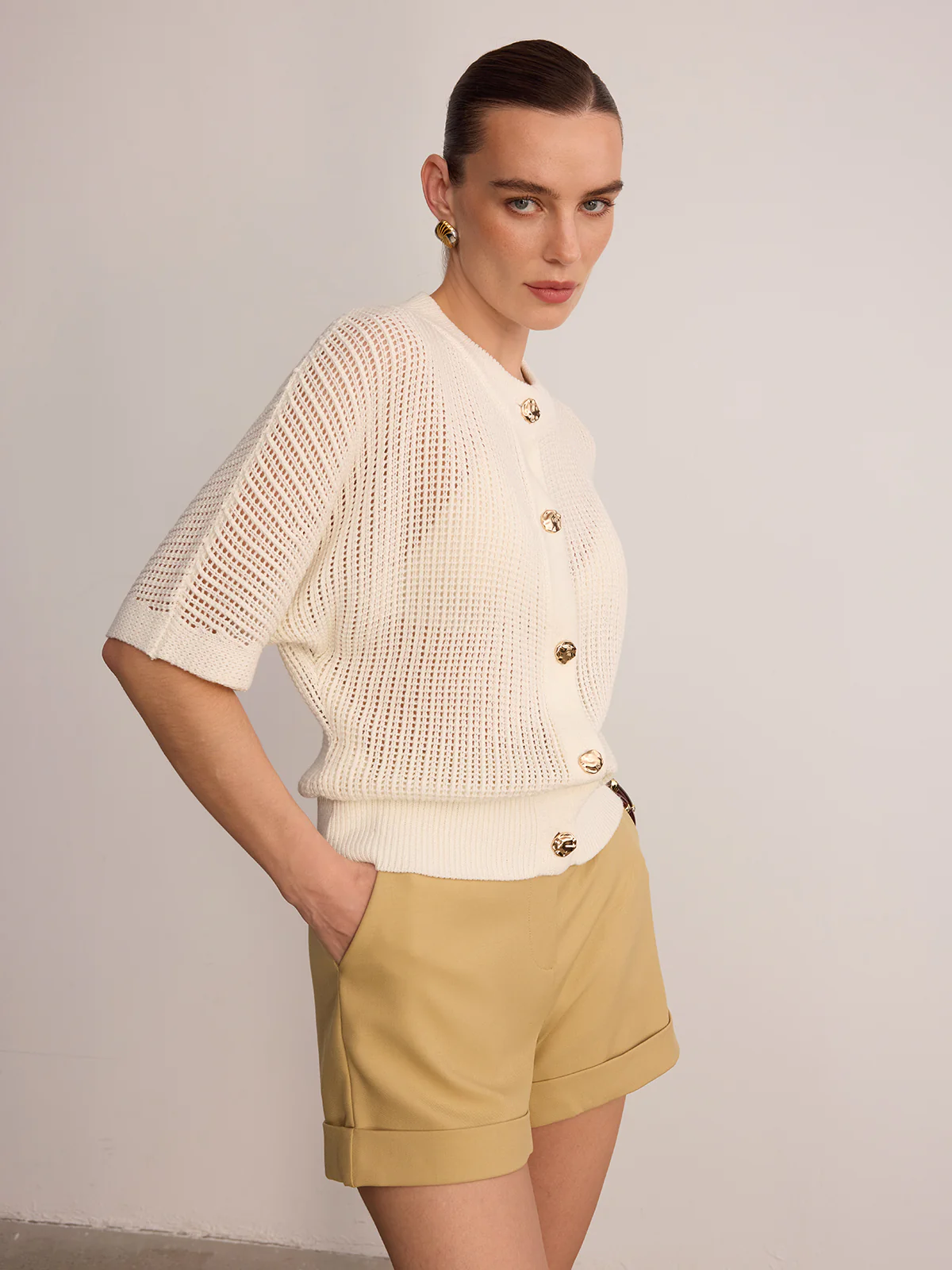 Metal Button Openwork Knit Cardigan - Image 2