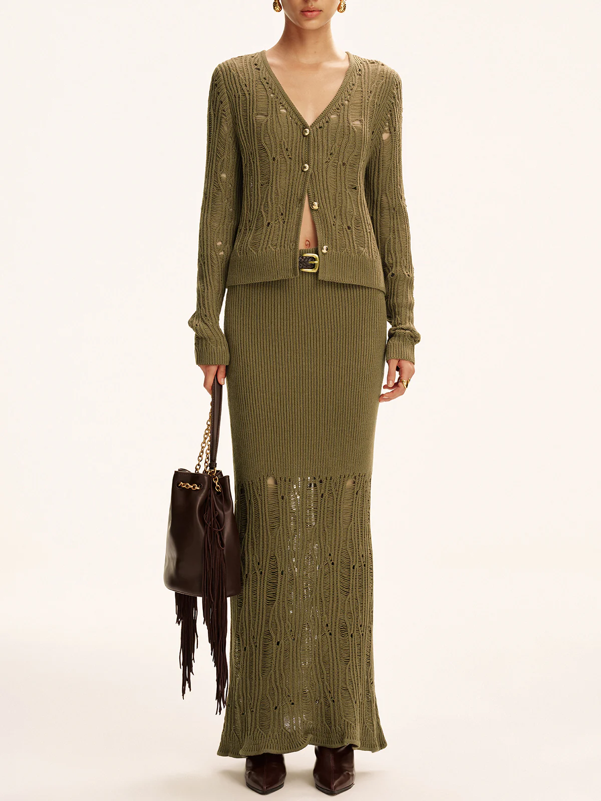 Metal Button Openwork Knit Skirt Set - Image 2