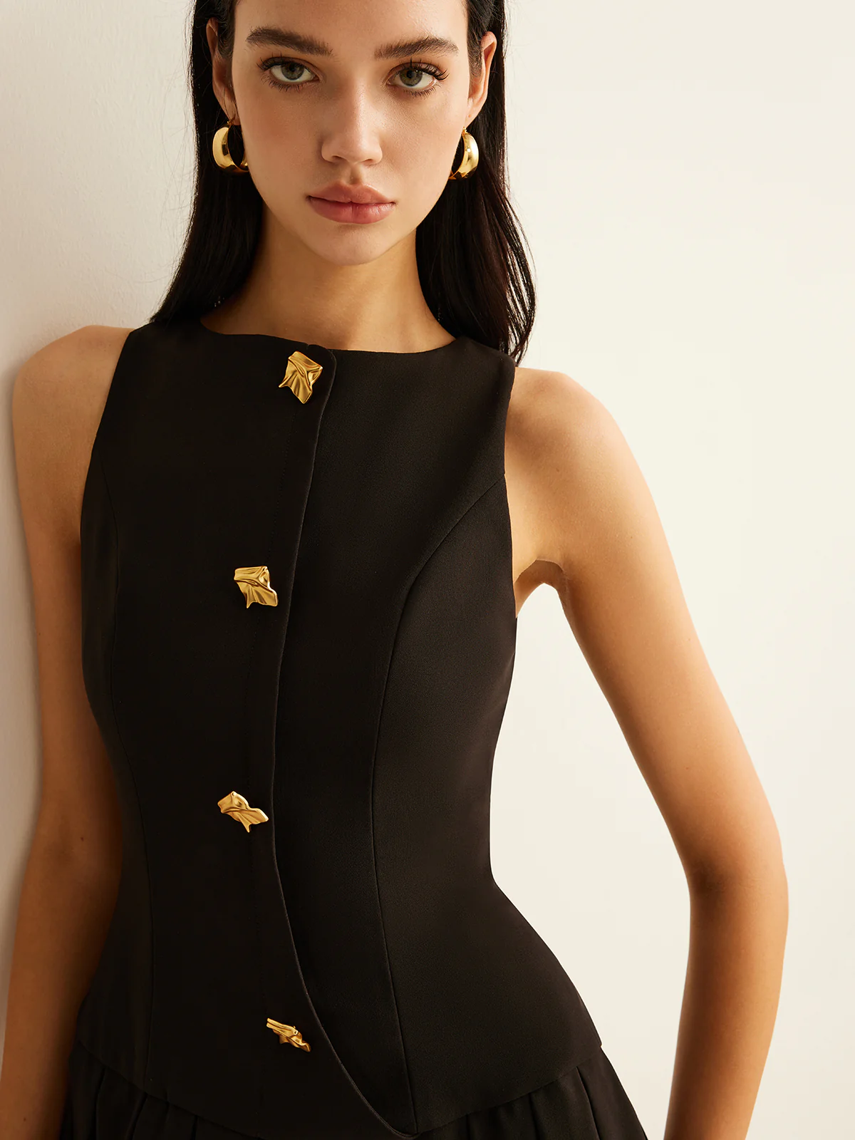 Metal-Button Pleated Tank Dress - Image 2