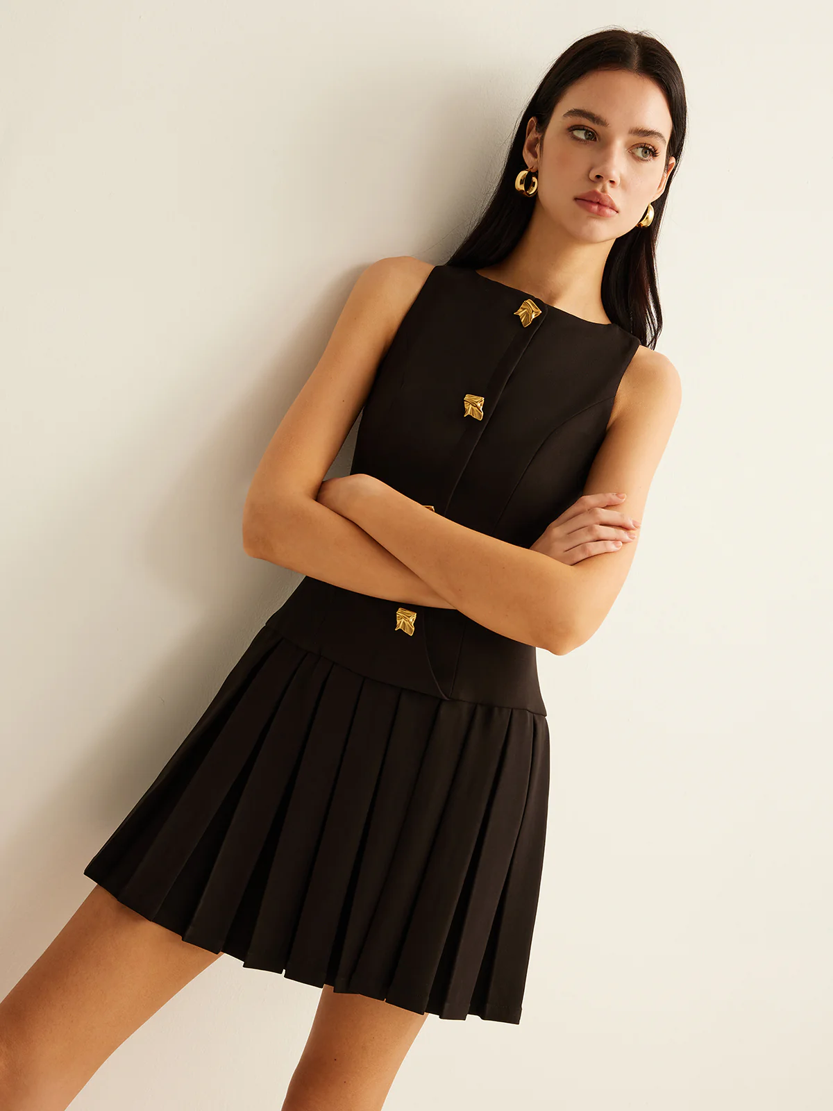 Metal-Button Pleated Tank Dress - Image 3