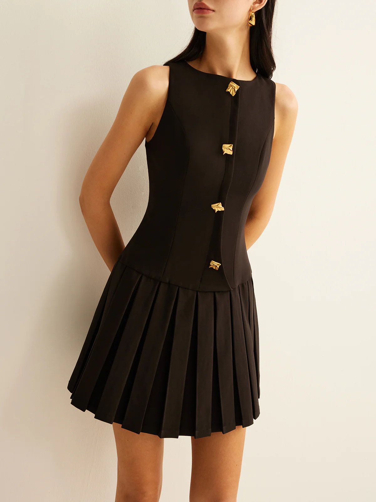 Metal-Button Pleated Tank Dress - Image 6