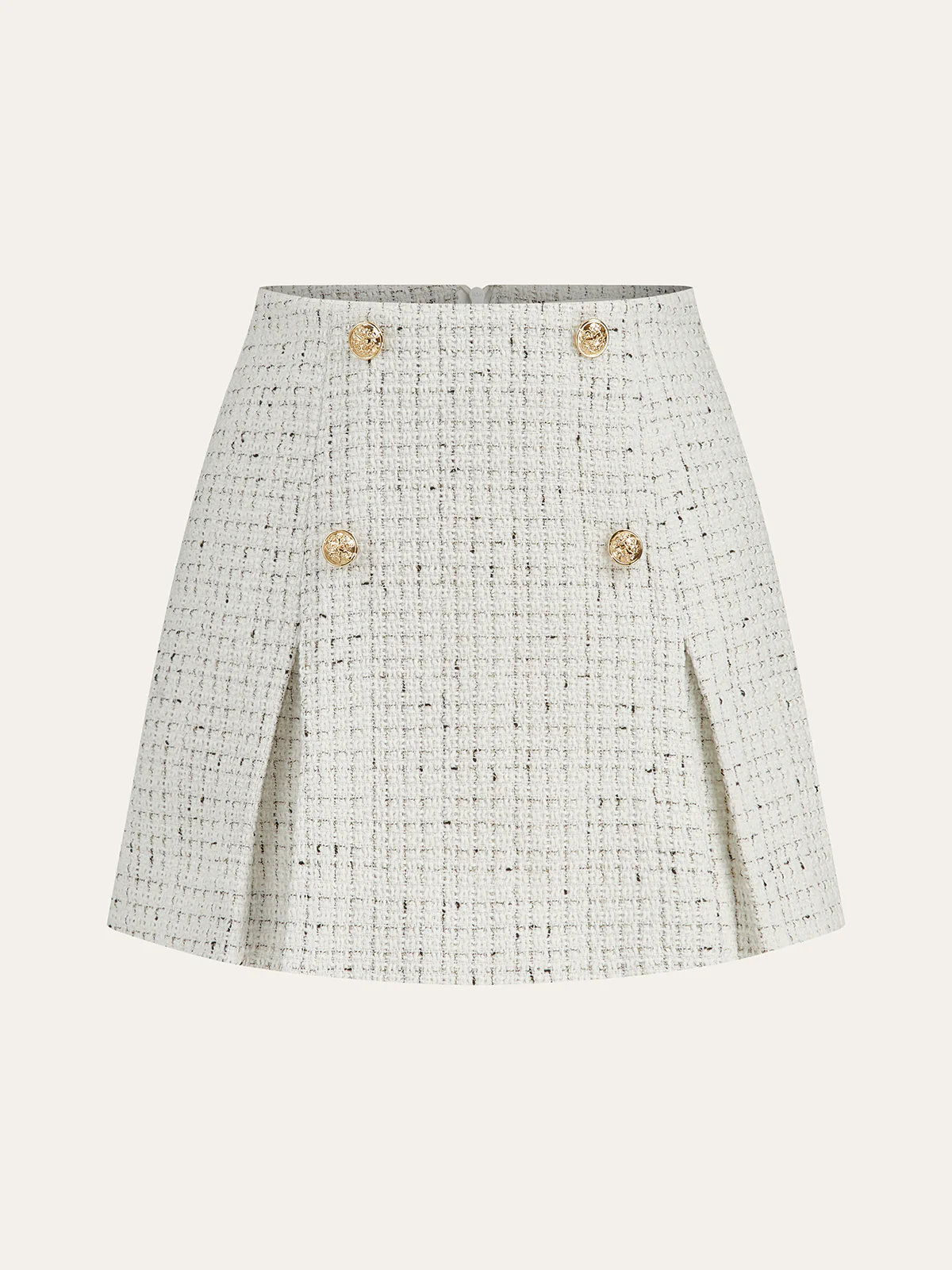 Metal Button Pleated Tweed Mini Skirt - Image 3