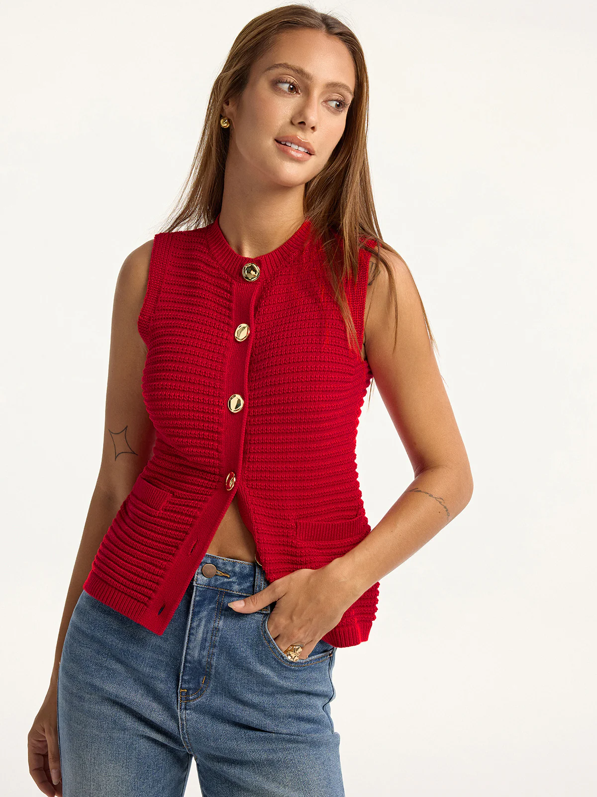 Metal Button Pocket Sweater Vest - Image 2