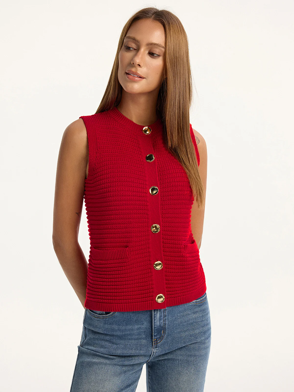 Metal Button Pocket Sweater Vest - Image 5