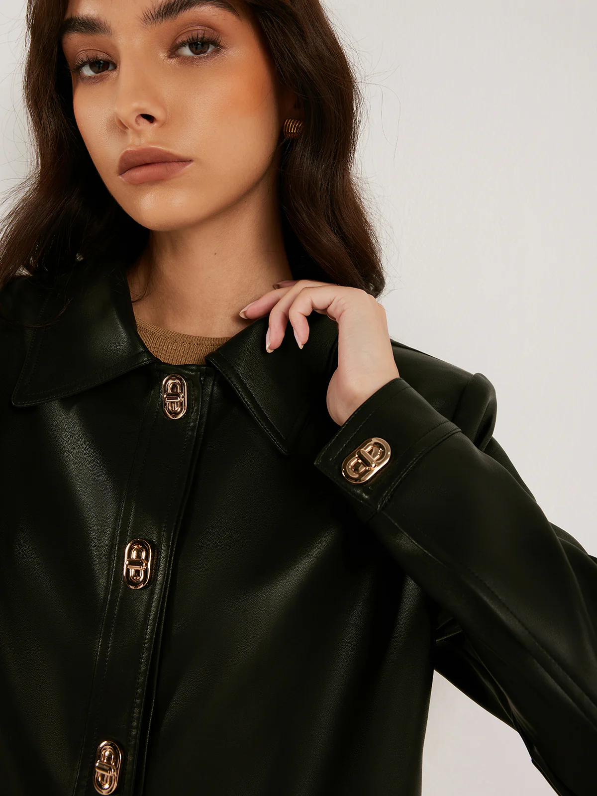 Metal-Button PU Leather Short Jacket - Image 2