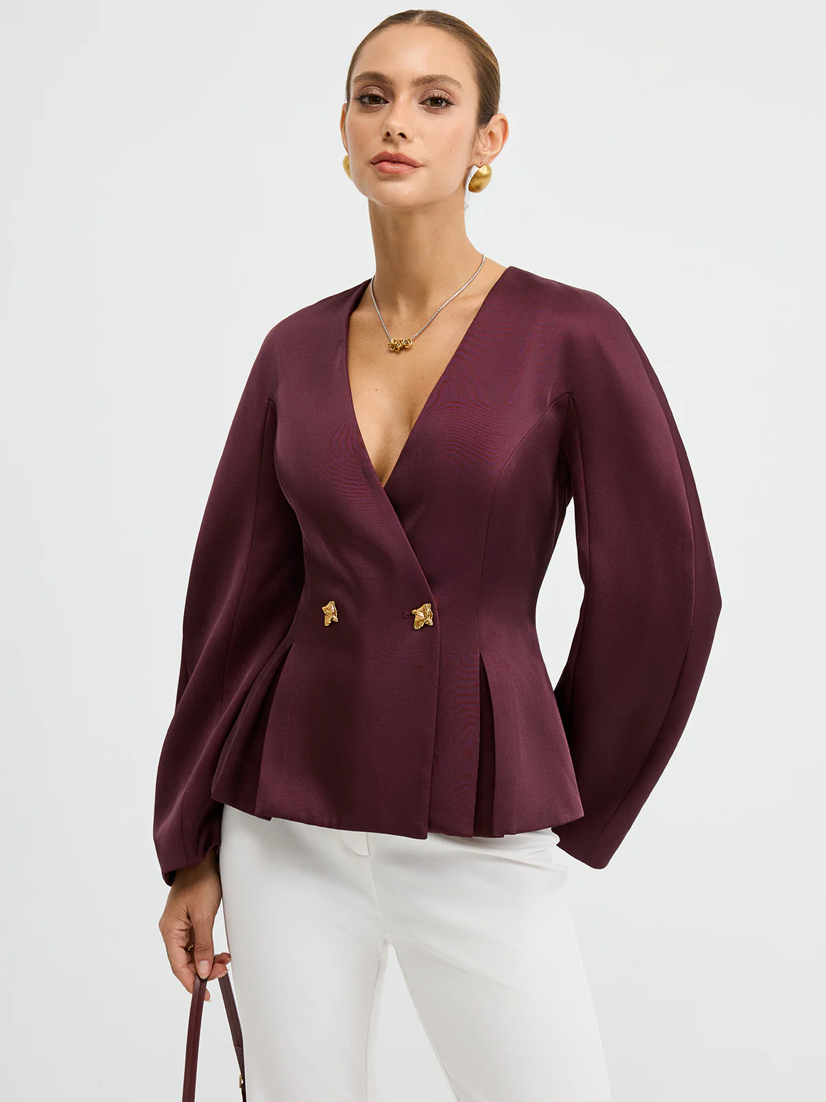 Metal Button Puff Sleeve Peplum Blazer - Image 2