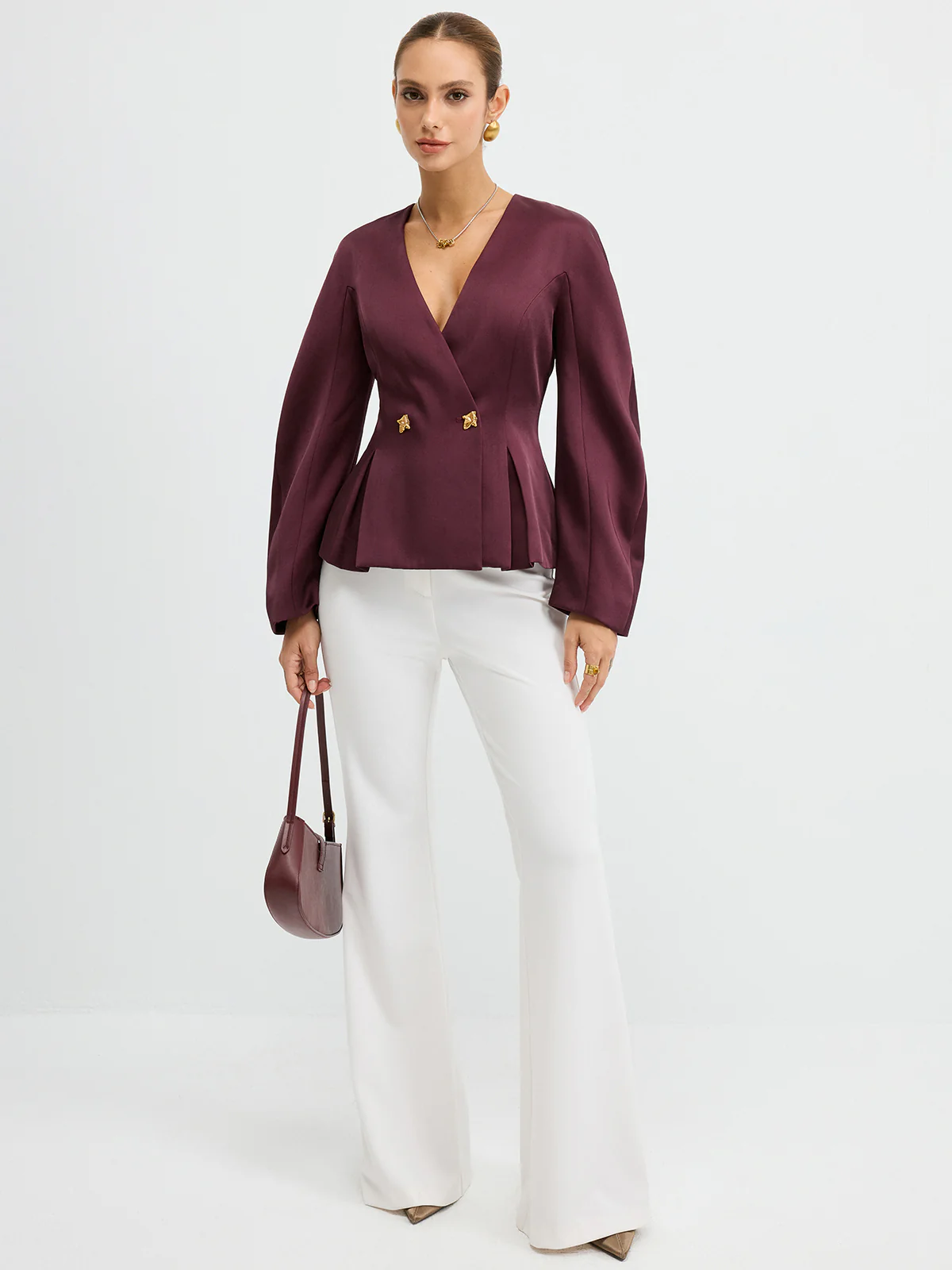Metal Button Puff Sleeve Peplum Blazer - Image 3
