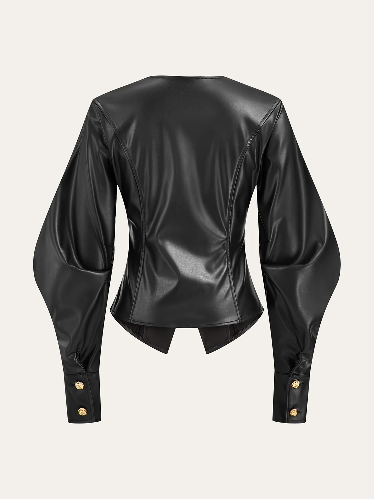 Metal Button Puffed Sleeve PU Leather Jacket - Image 2