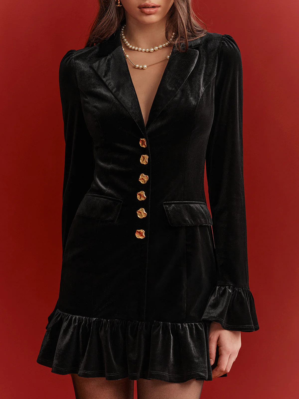 Metal Button Ruffled Hem Velvet Blazer Dress - Image 5