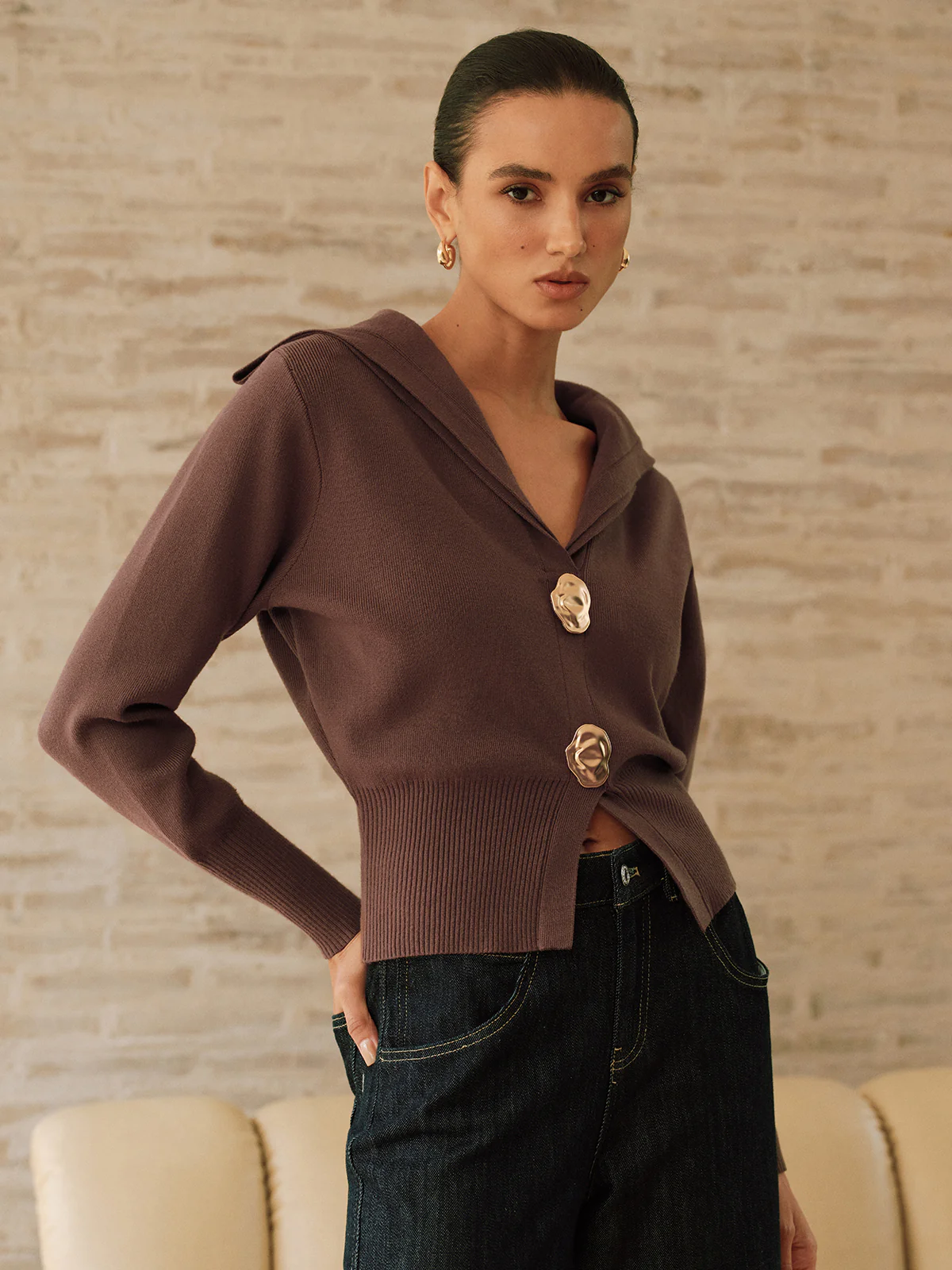 Metal Button Shawl Collar Knit Top - Image 4