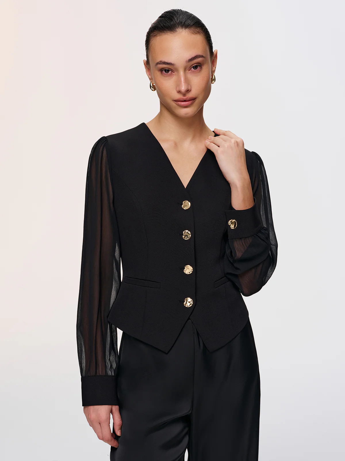 Metal Button Sheer Sleeve V-Neck Blouse - Image 3