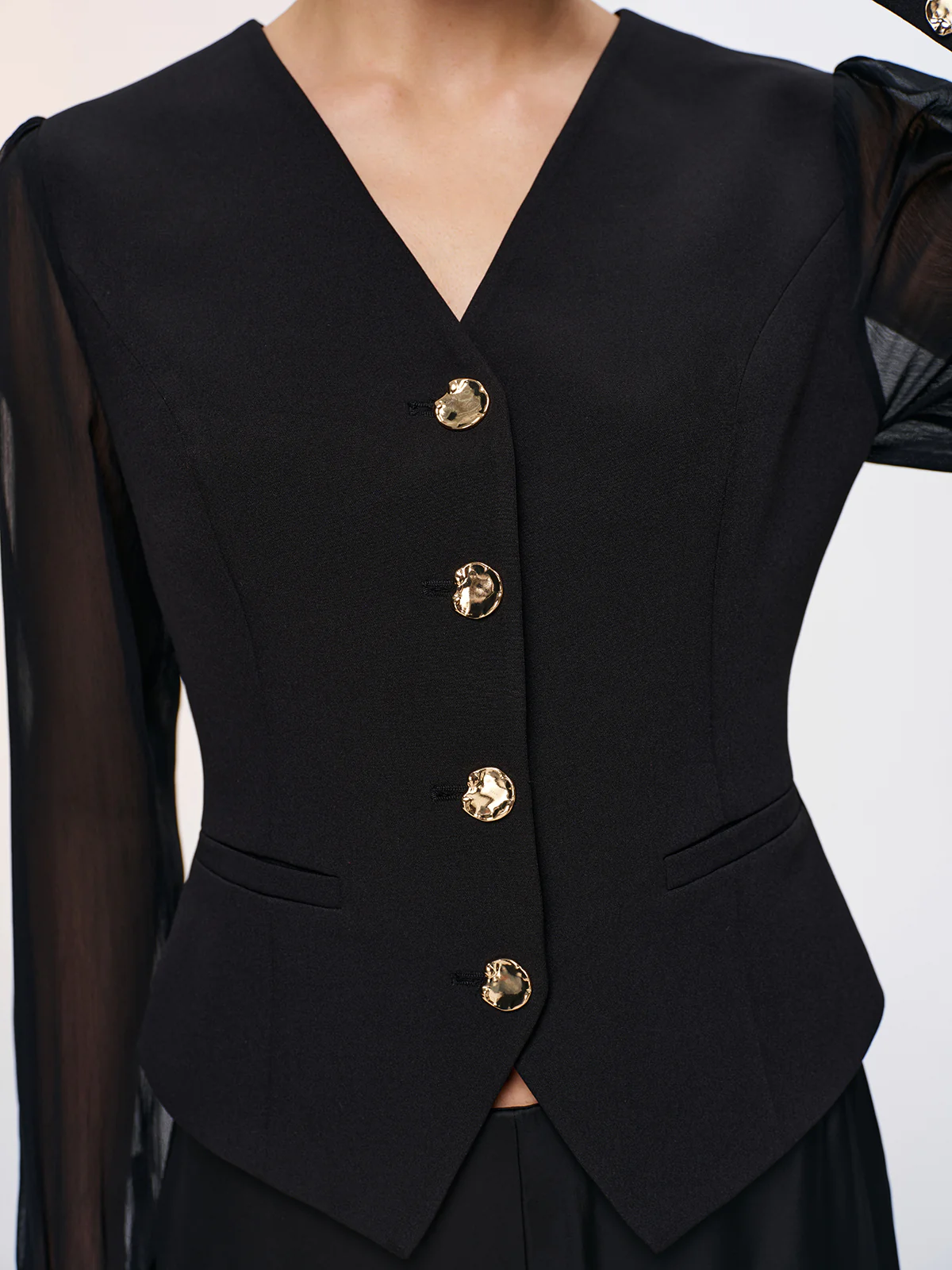 Metal Button Sheer Sleeve V-Neck Blouse - Image 4