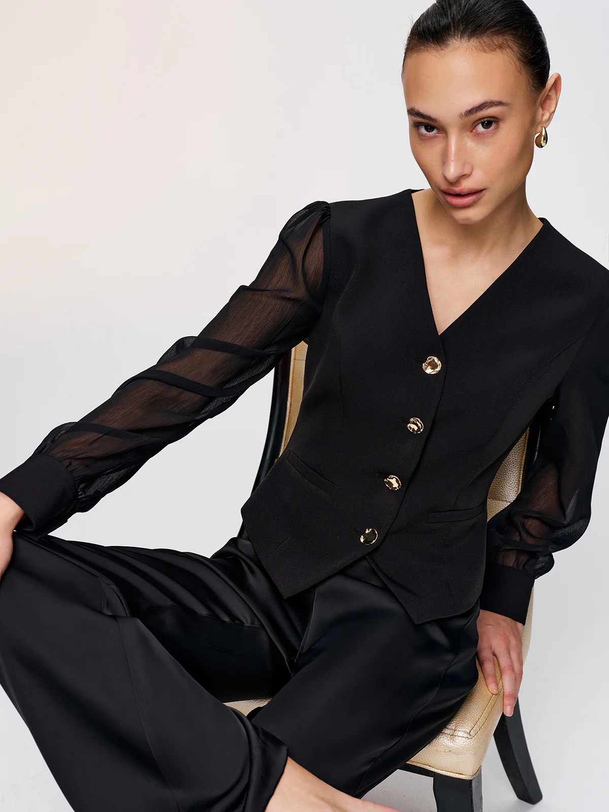 Metal Button Sheer Sleeve V-Neck Blouse - Image 5