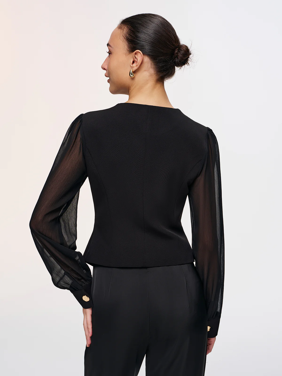 Metal Button Sheer Sleeve V-Neck Blouse - Image 6
