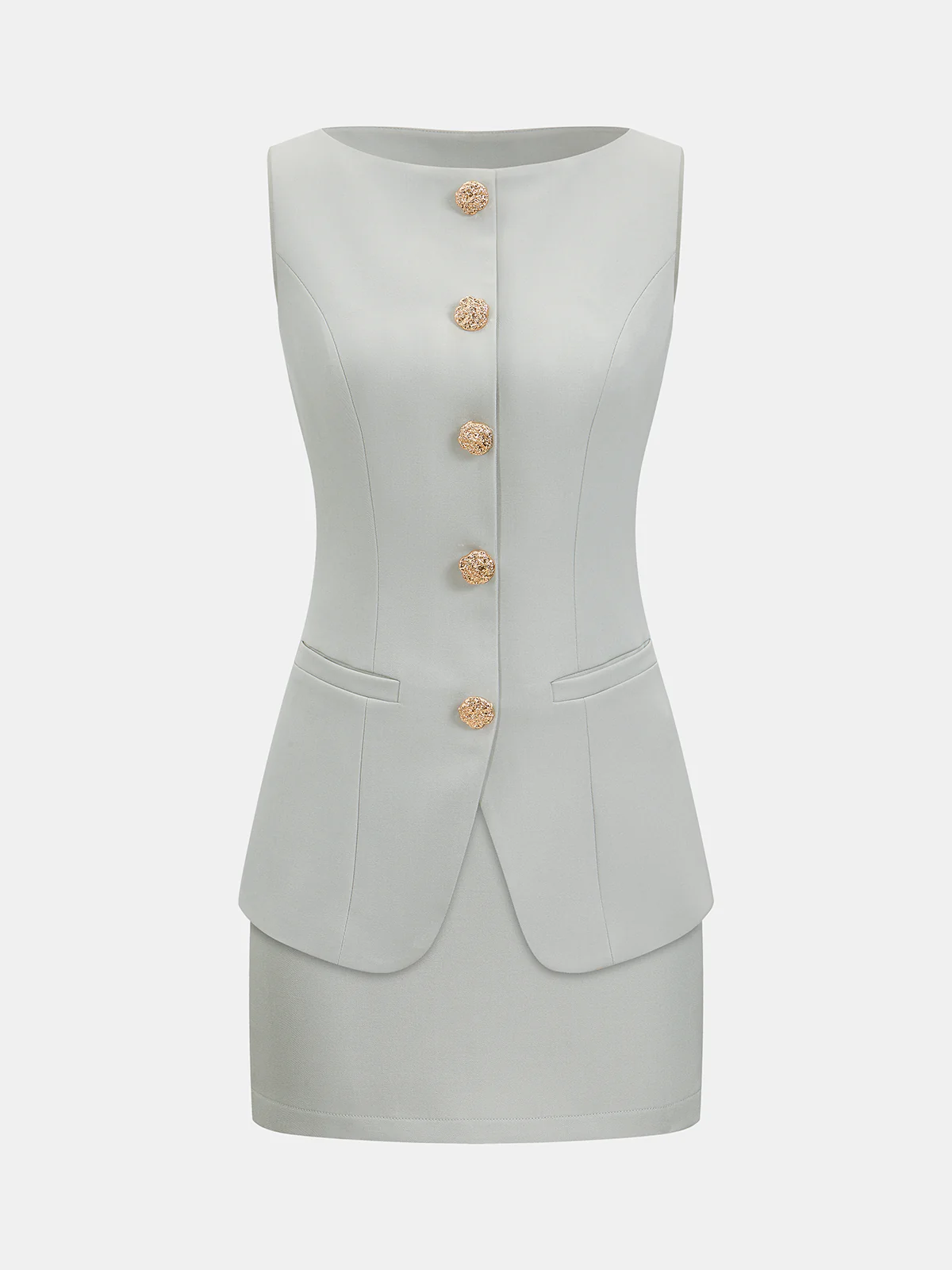 Metal Button Sleeveless Vest & Mini Skirt Set - Image 2