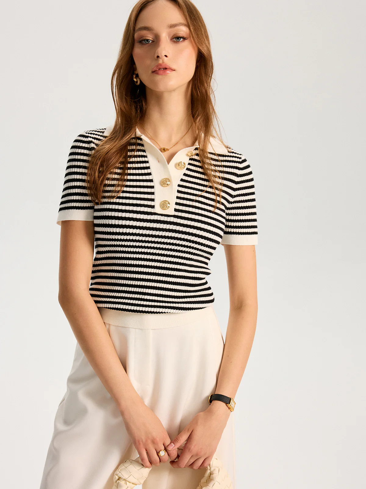 Metal Button Striped Knit Polo Top - Image 4
