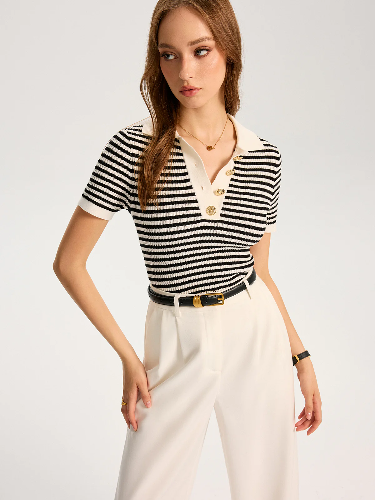 Metal Button Striped Knit Polo Top - Image 7