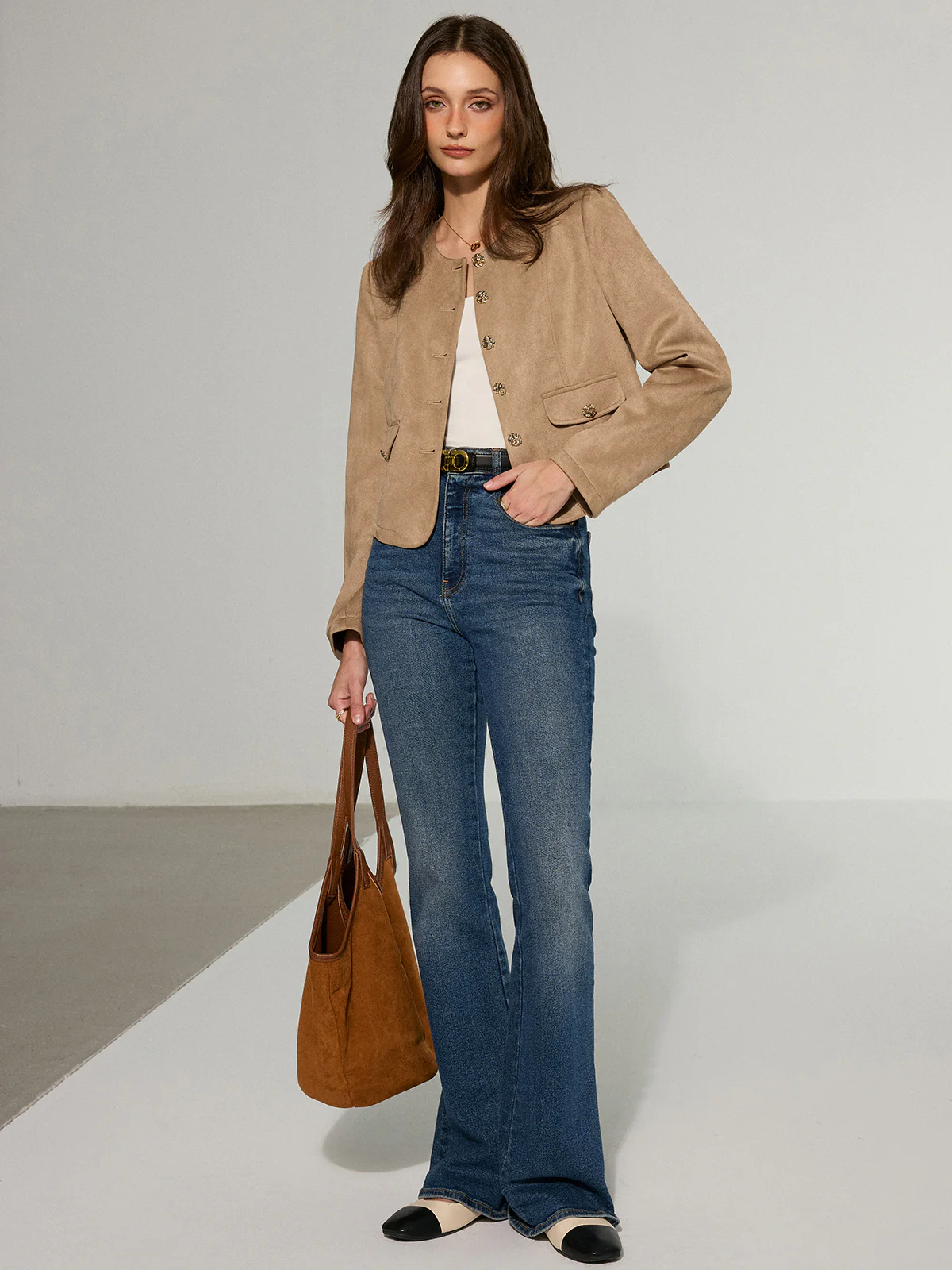 Metal Button Suede Effect Blazer - Image 2