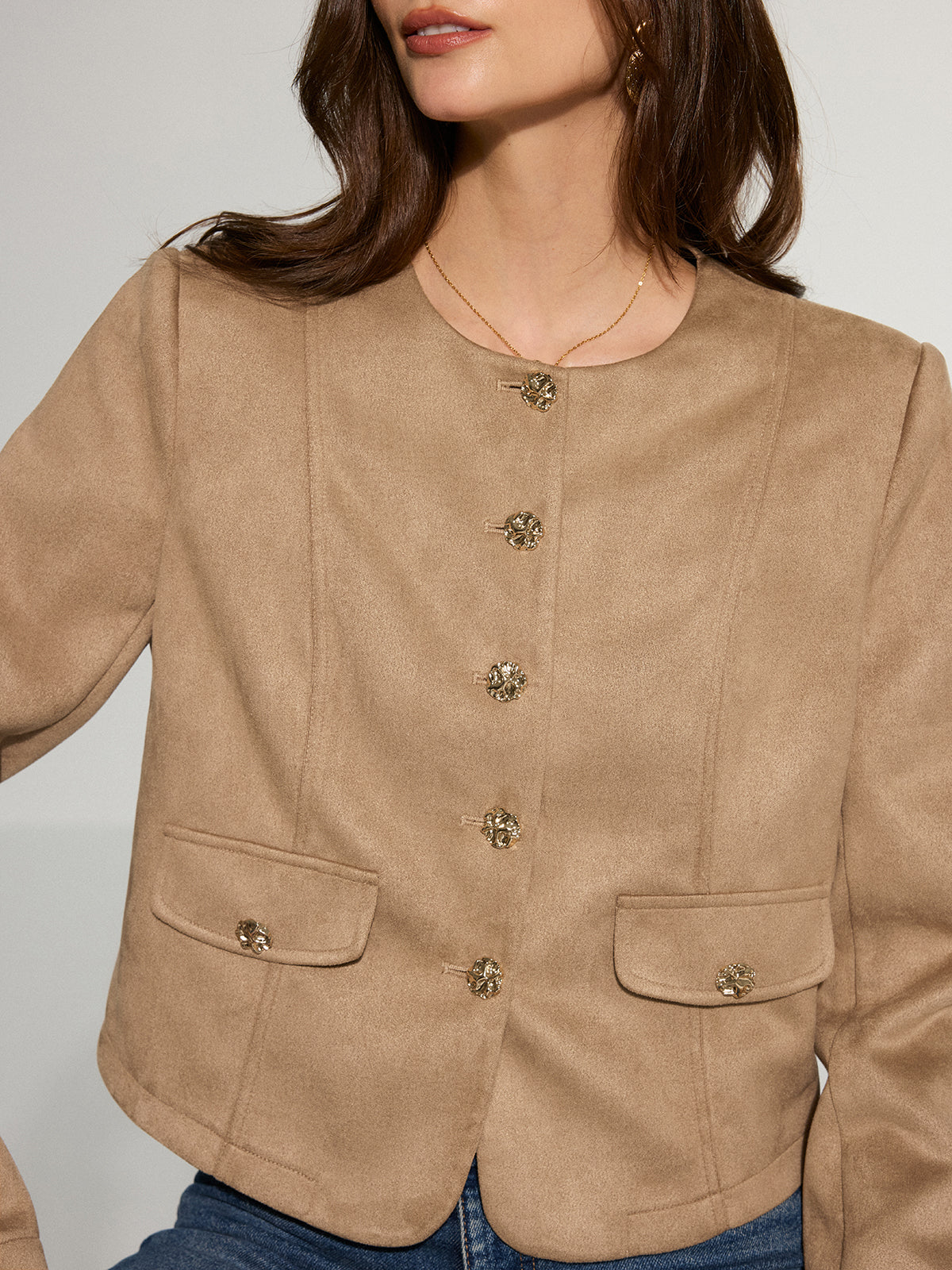 Metal Button Suede Effect Blazer - Image 5