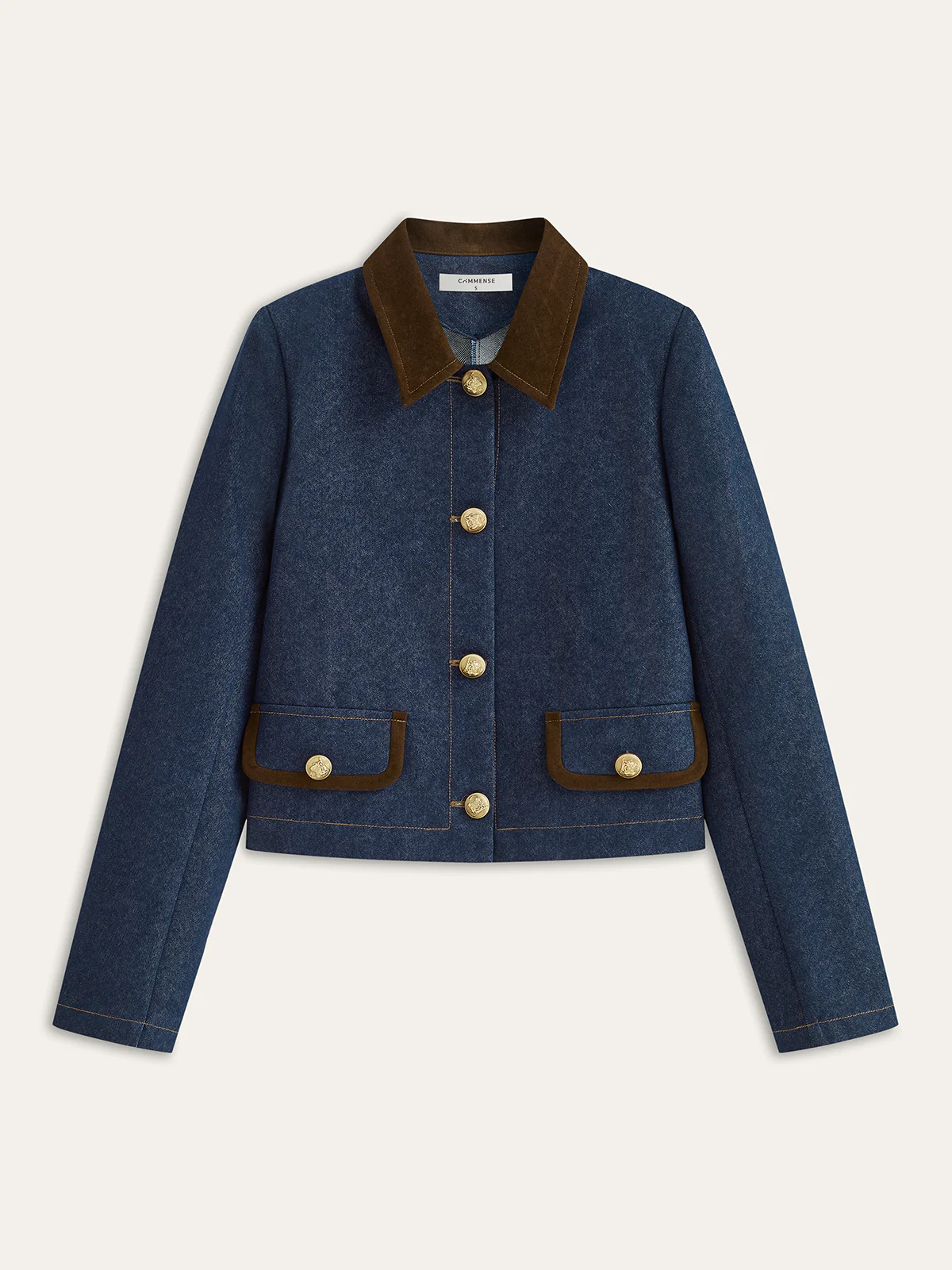 Metal Button Suede Collar Denim Jacket