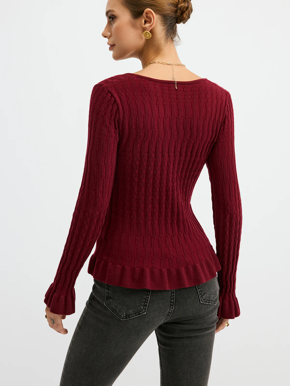 Metal Button Textured Fitted Wool Blend Knit Top - Image 4