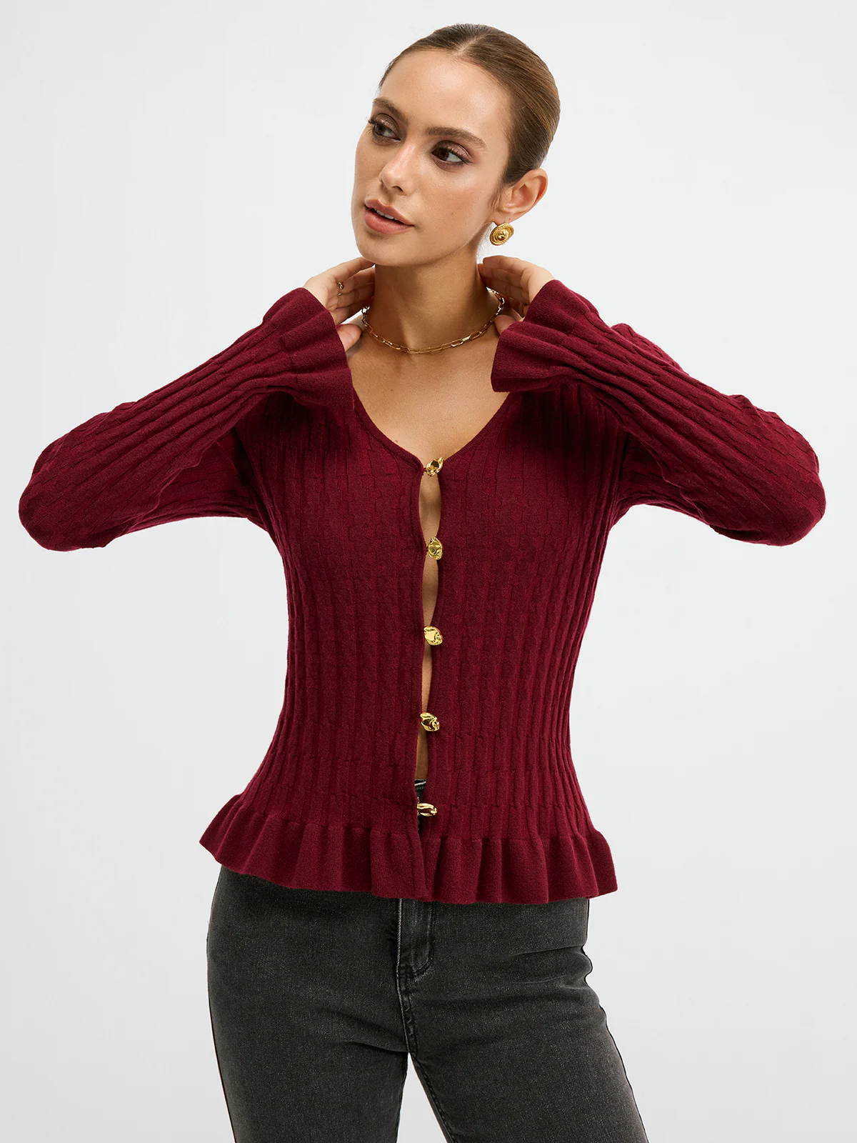 Metal Button Textured Fitted Wool Blend Knit Top - Image 5
