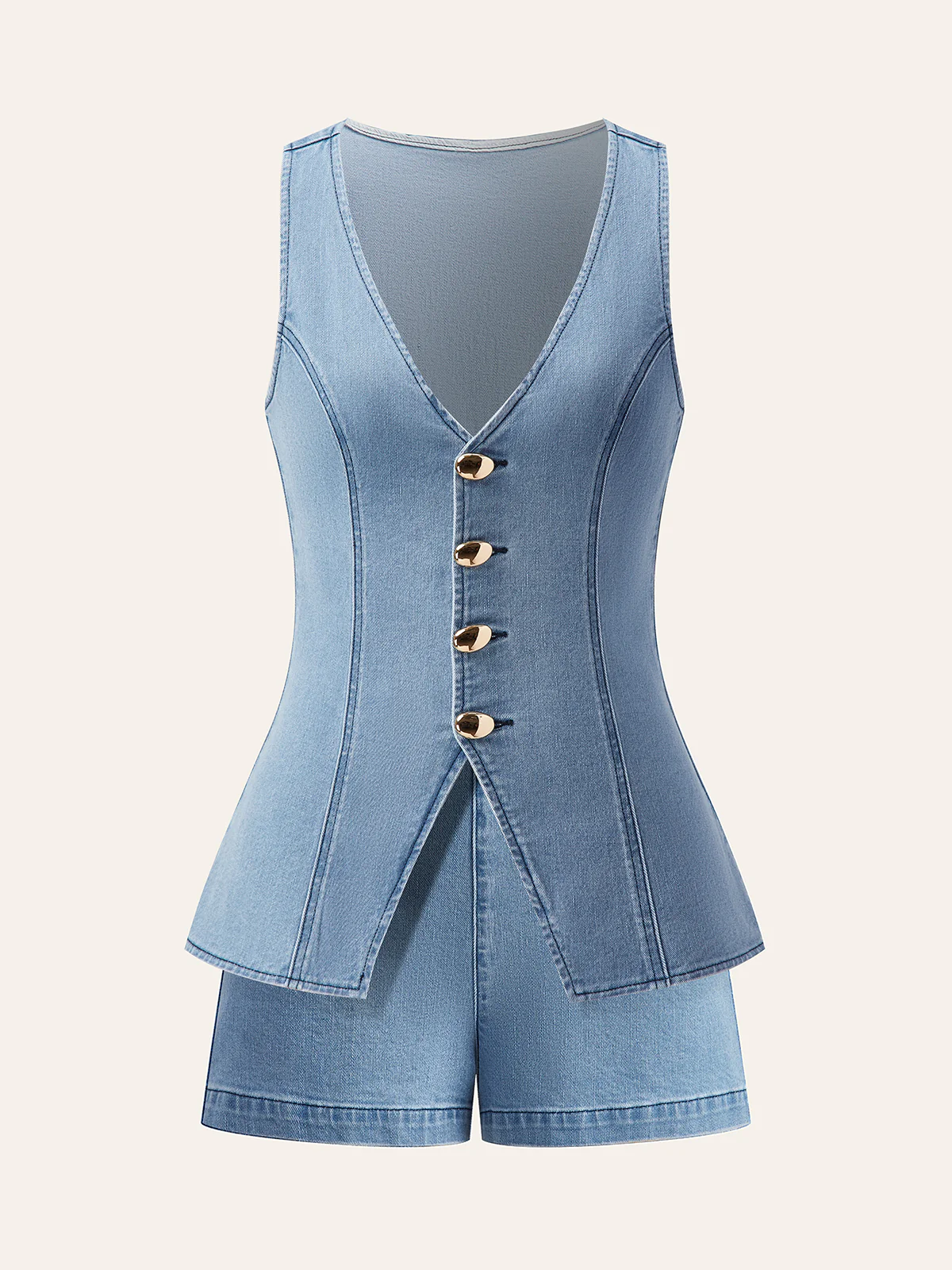 Metal Button Tie-Back Denim V-Neck Shorts Set - Image 9