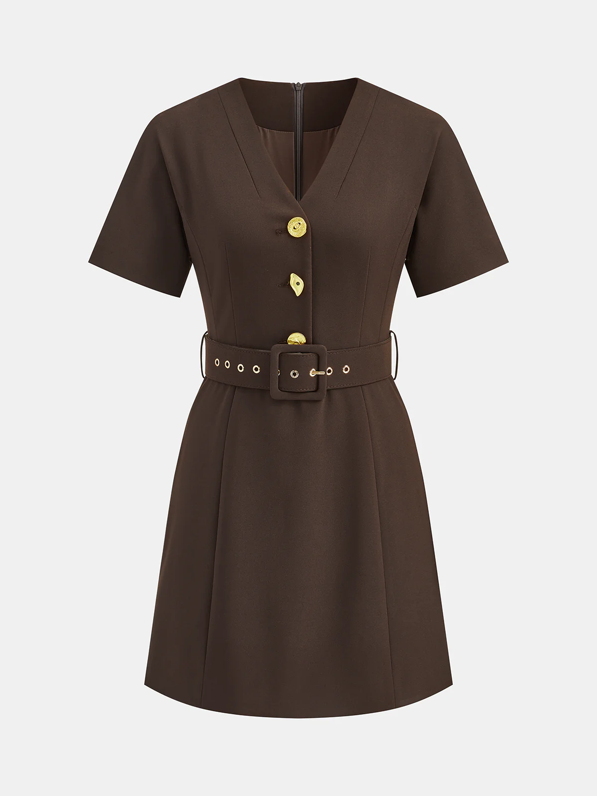 Metal Button V-Neck Belted Mini Dress - Image 2