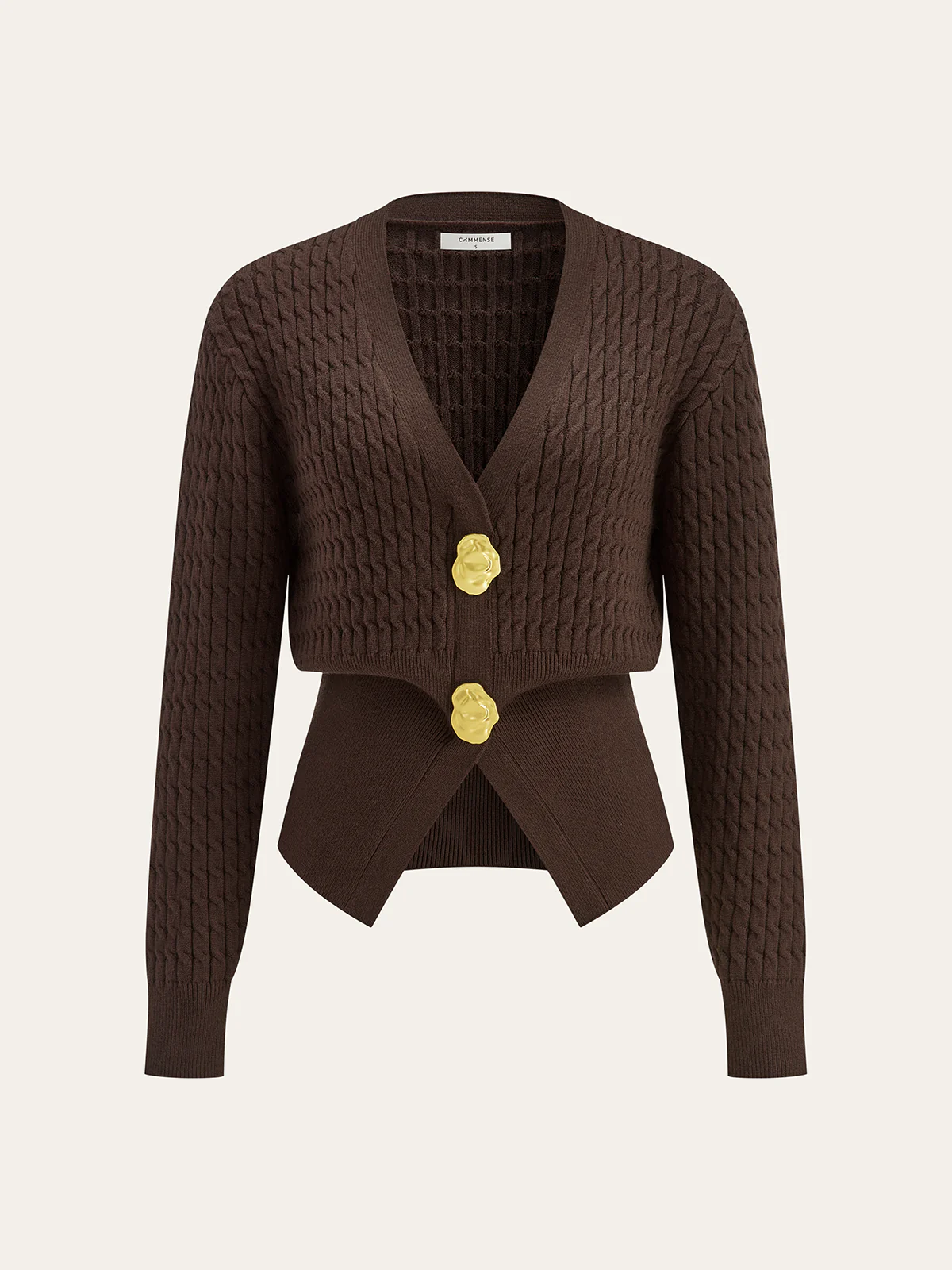 Metal Button V-Neck Cable Knit Outerwear - Image 2