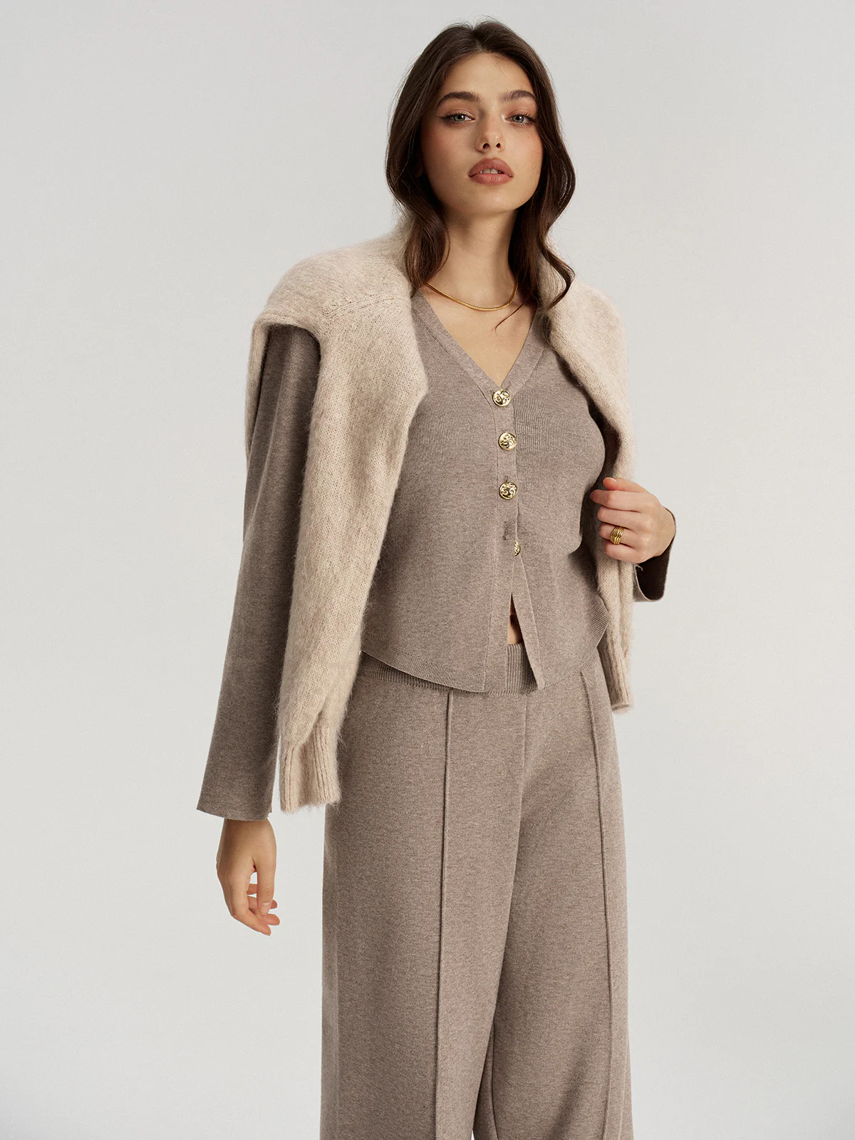 Metal Button V-Neck Knit Cardigan - Image 3